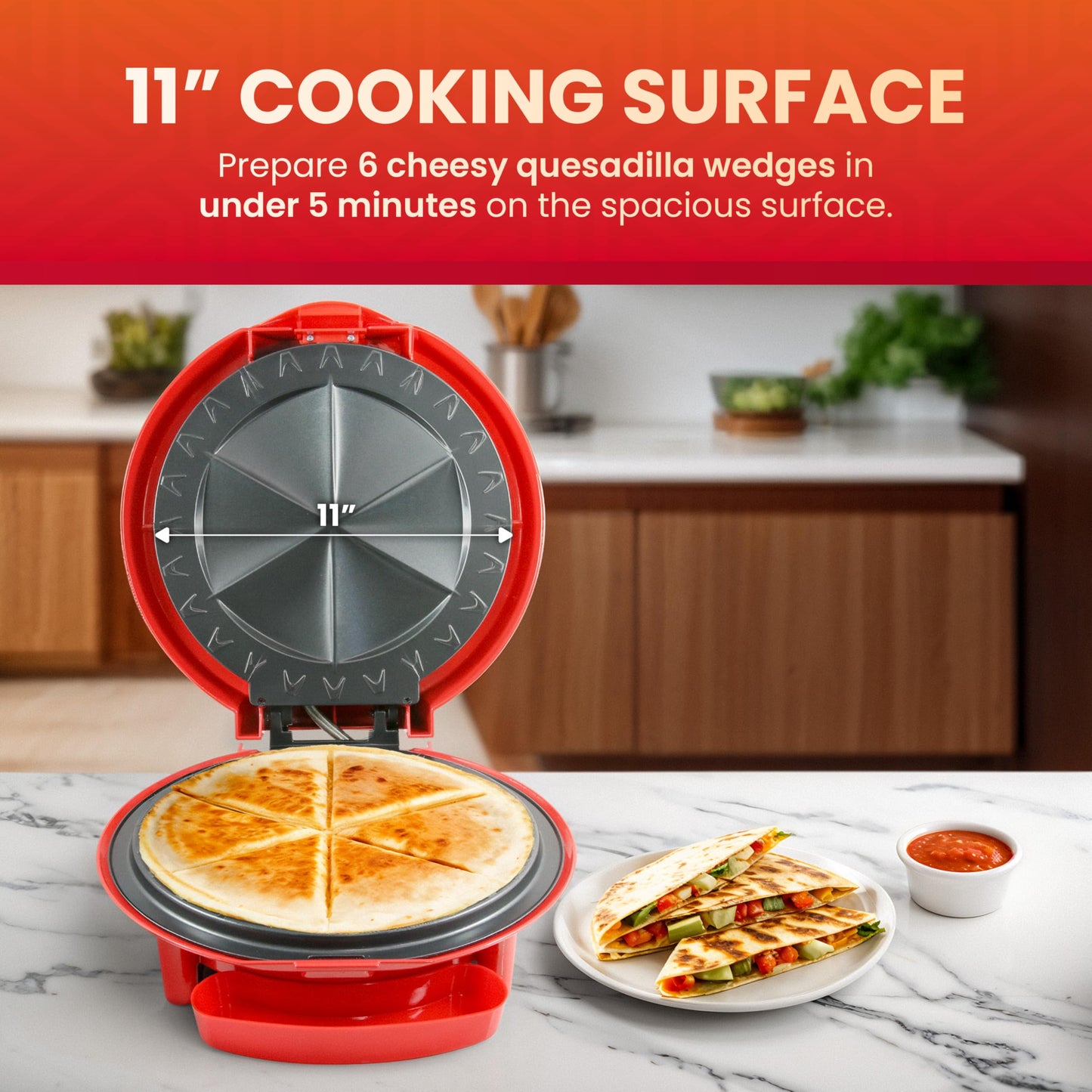 Elite Gourmet EQD-118 Electric Non-Stick 11" Quesadilla Maker, Easy-Slice 6-Wedge, Grilled Cheese Corn Flour Tortilla Snacks, Red