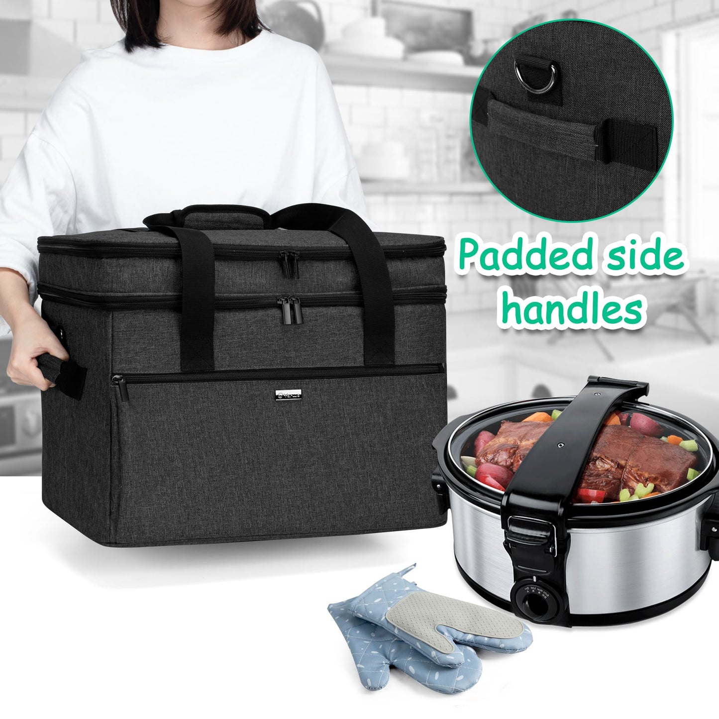YARWO Slow Cooker Bag Compatible with Crock-Pot/Hamilton Beach 8-10 Quart, Double Layers Slow Cooker Travel Carrier Case for Kitchen Appliance and Accessories, Black (Bag Only)