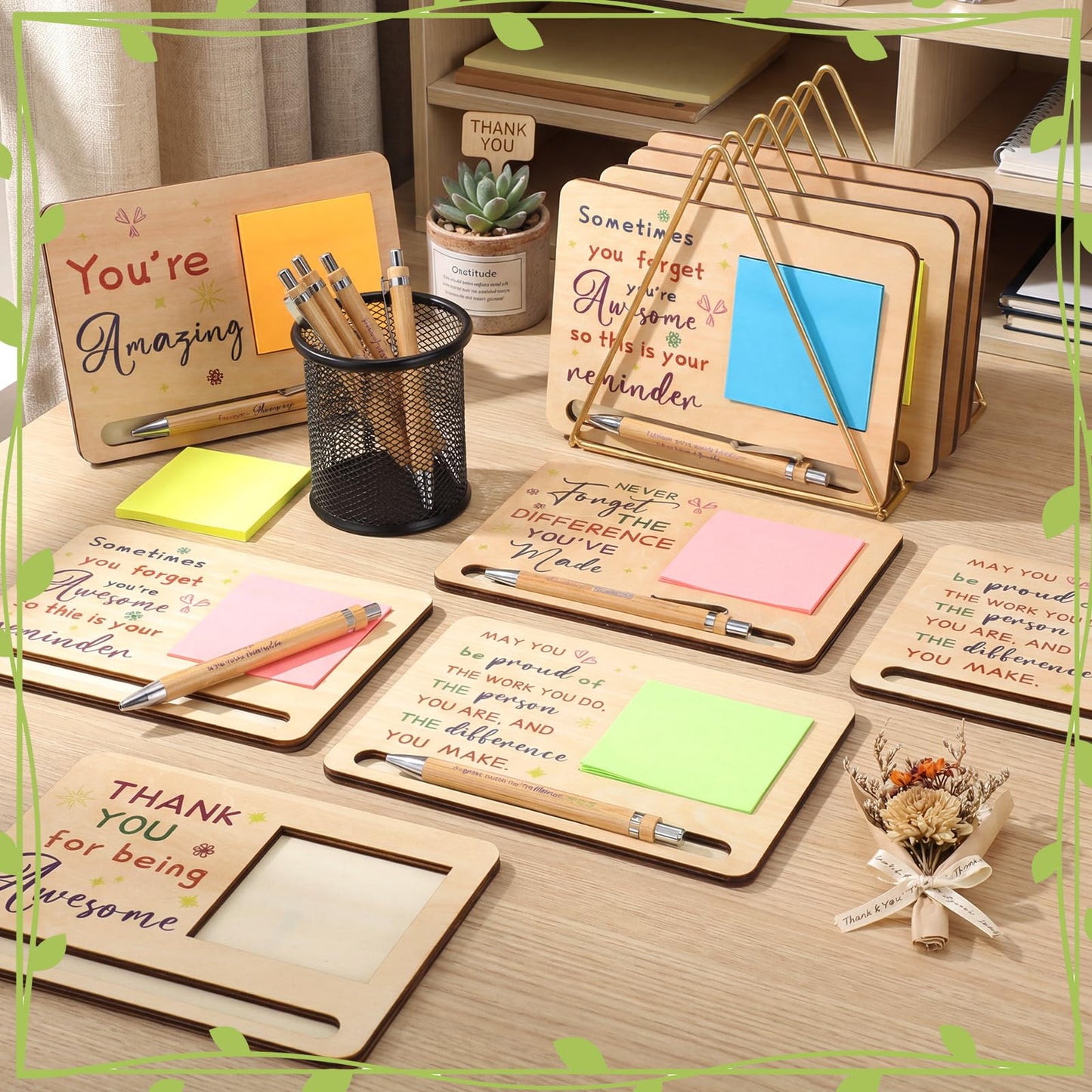 Dispowreath 10 Set Teacher Appreciation Gifts Bulk Colorful Team Themed Wooden Sticky Note Holder with Notes and Ballpoint Pens Thank You Gift for Teacher Nurse Employee Office Supplies