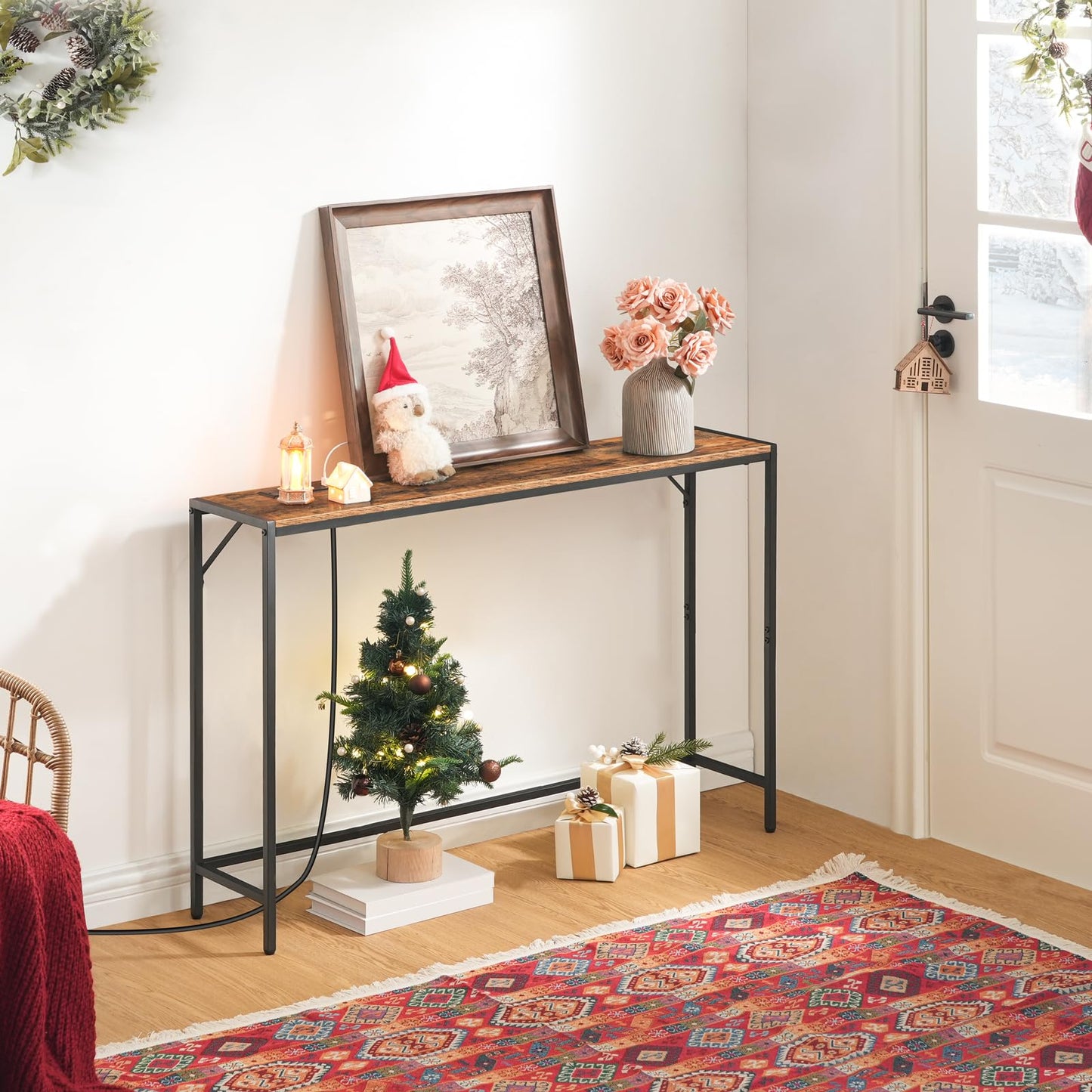 MAHANCRIS Console Table, Narrow Sofa Table, 43.3” Entrance Table with Power Station, Behind Couch Table, Simple Style, for Living Room, Hallway, Entryway, Foyer, Rustic Brown and Black CTHR112E01