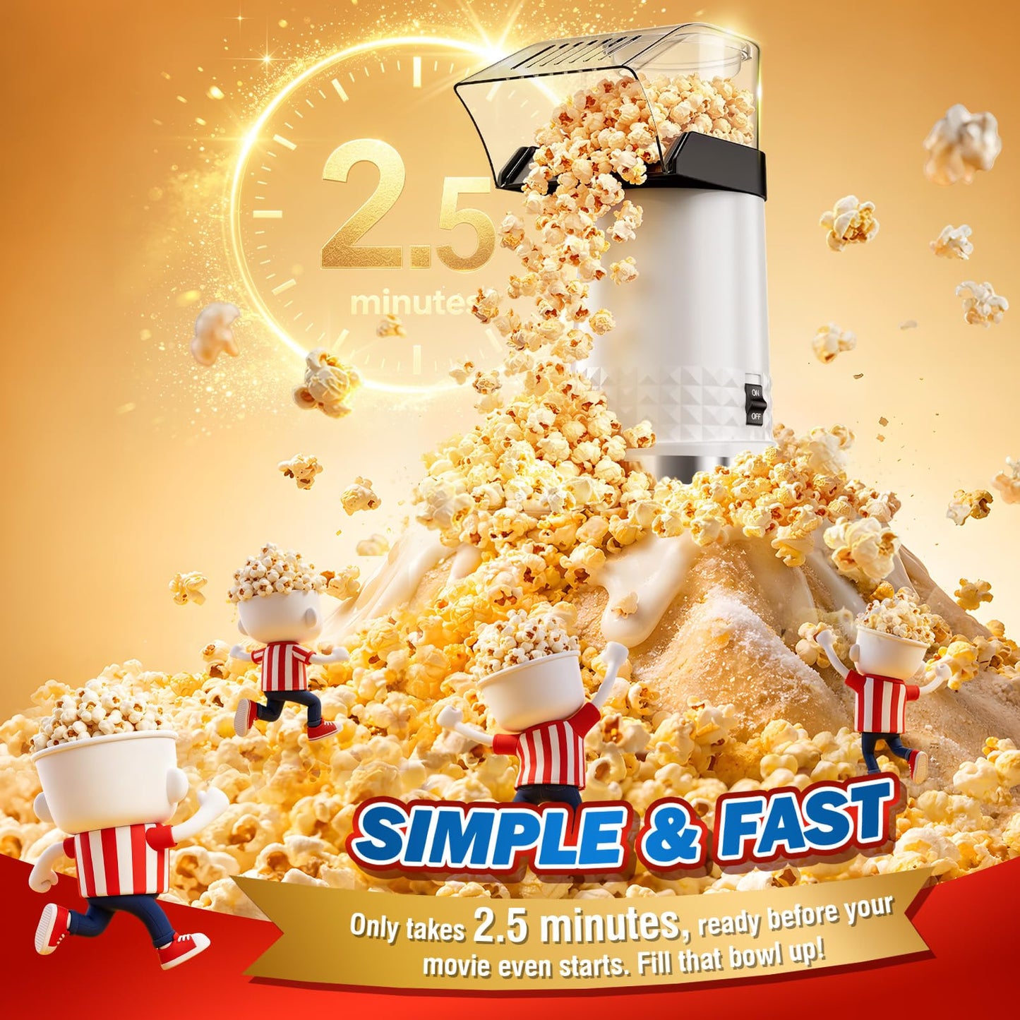 Air Popcorn Popper Maker with Measuring Cup to Melts Butter, Fast & Easy Popcorn Machine for Family Gathering, No Oil, Easy to Clean & Maintain(White)