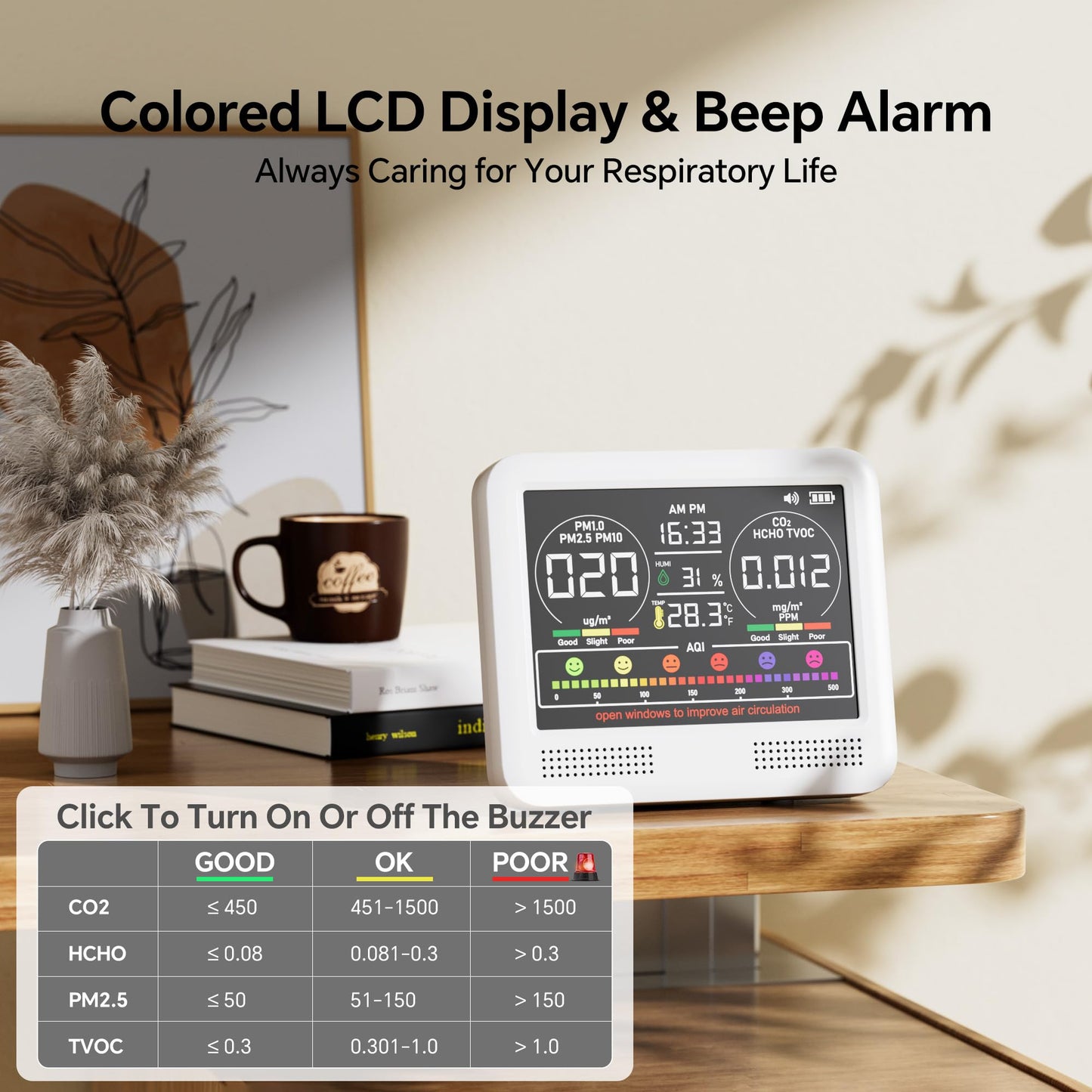 16-in-1 Air Quality Monitor Indoor, Portable Air Quality Tester for Home, Office, Formaldehyde Detector with Beep Alarm, AQI | PM1.0 | PM2.5 | PM10 | CO2 |Temp | HUM | Time, Voc Tester (Bright White)