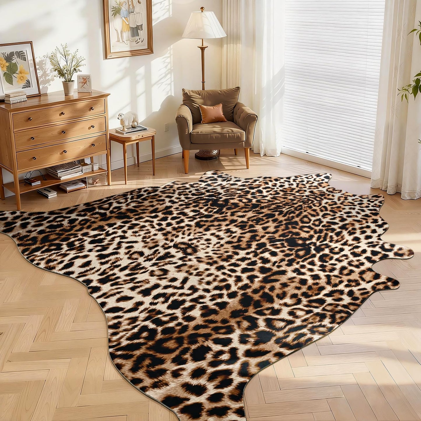 DweIke Faux Leopard Print Rug for Living Room, 4.6 x 5.2 ft Western Animal Cheetah Hide Rugs, Non Slip Cool Leopard Fur Skin Carpet for Bedroom Dining Room Farmhouse Entrance Home Decor, Dark Brown