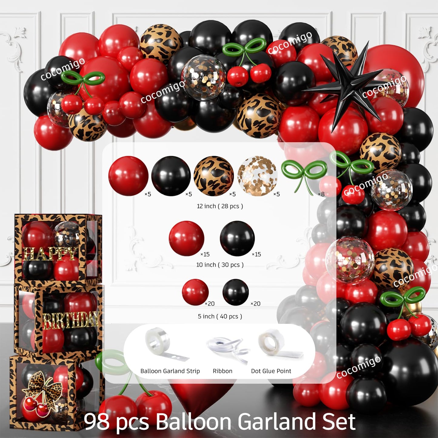 Cocomigo 258pcs Cheetah Print Birthday Decorations, One-stop Set for 25 People, Includes 350gsm Plates Pre‑threaded Banner Backdrop and Tablecloths, Cheetah and Cherry Birthday Decorations for Female