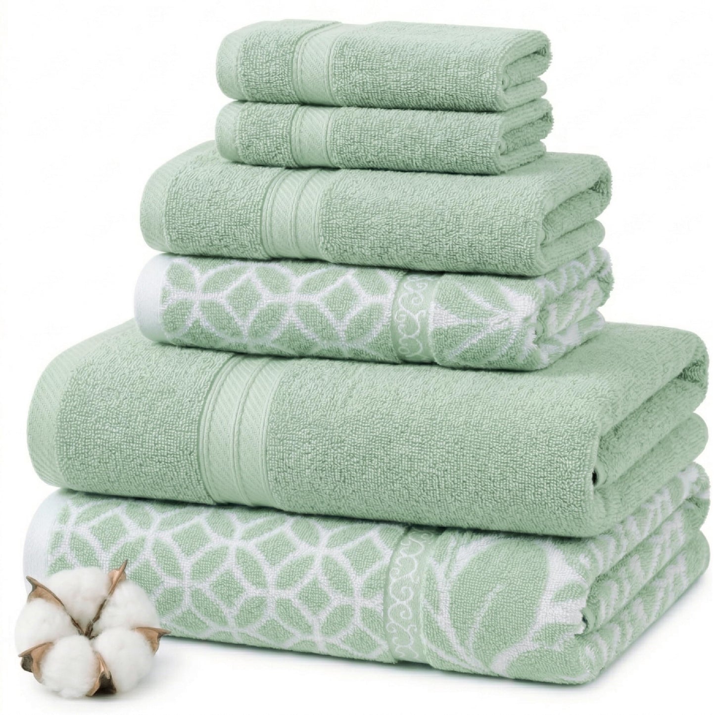 Modern Threads Botanical Vine 6-Piece 100% Cotton Towel Set – Reversible Yarn Dyed Jacquard – Includes 2 Bath Towels, 2 Hand Towels, 2 Washcloths – Absorbent, Quick Dry, Soft & Durable – Sage Green