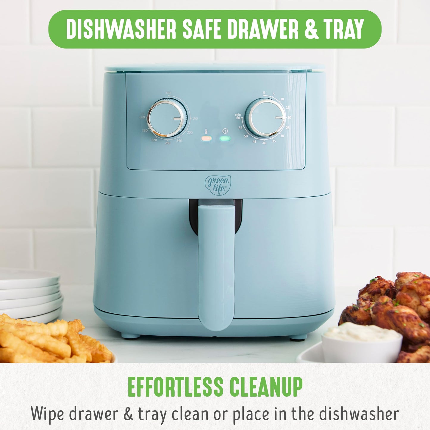 GreenLife 4.5QT Air Fryer, Mechanical Dial Controls, PFAS-Free Ceramic Nonstick Drawer, Adjustable Temp & Timer, LED Indicator, Oil-Less Cooking, Dishwasher Safe, Compact Family Size, Blue