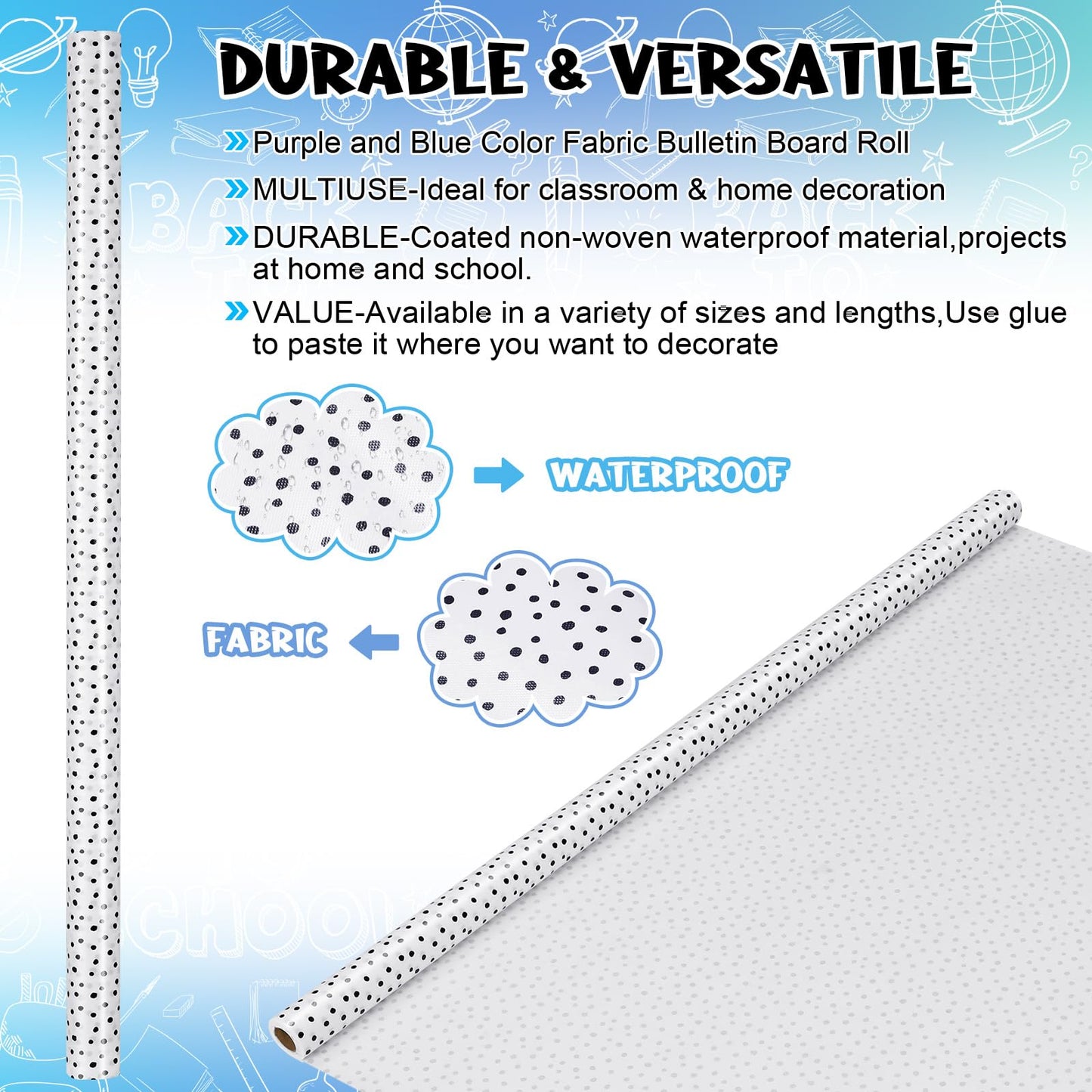 Kolldenn 2 Rolls Black Painted Dots Fabric Bulletin Board Paper Roll 4 x 12 ft Extra Large Non Woven Waterproof Roll Fade Resistant for DIY Craft Drawing Painting Classroom Decor, Dot Style
