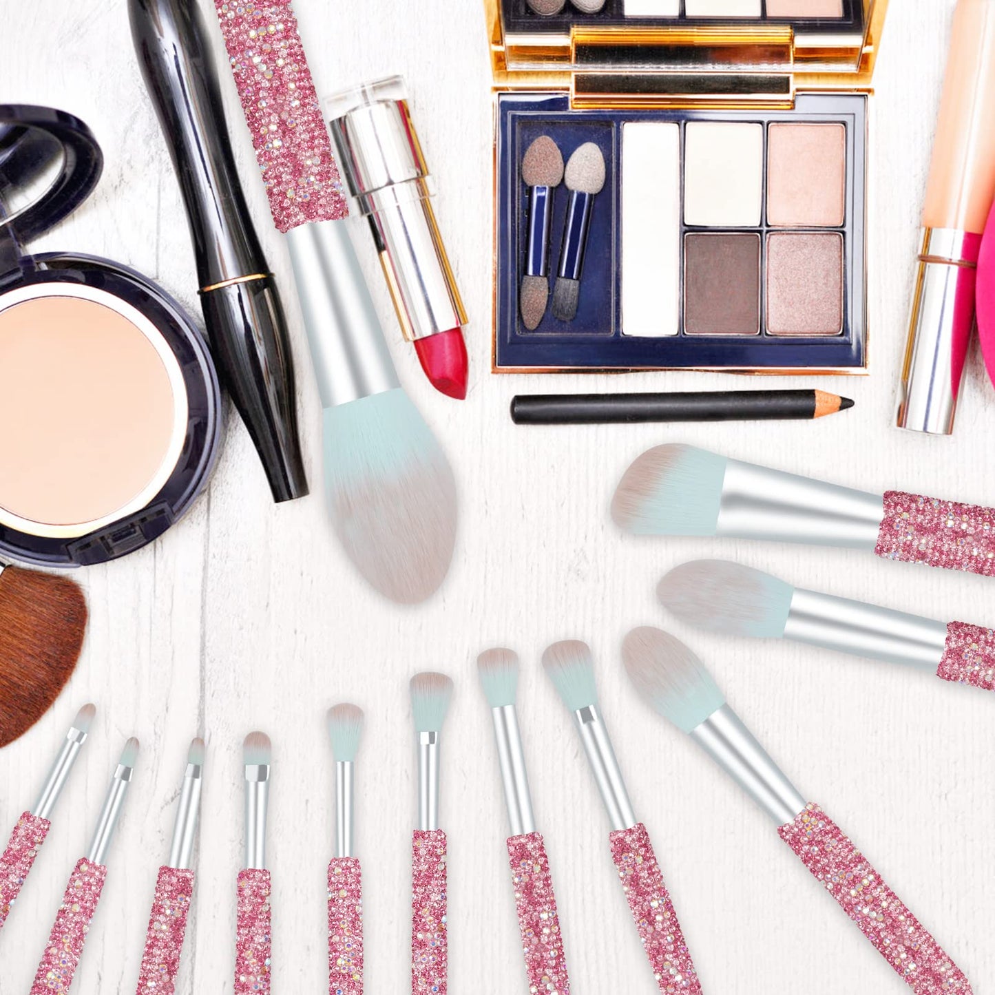 Makeup Brushes Bling Crystal Professional Face Cosmetics Blending Liquid Foundation Powder Concealer Eye Shadows Make Up Beauty Tool Glitter(12PCS) (Purely Handmade)(Pink)