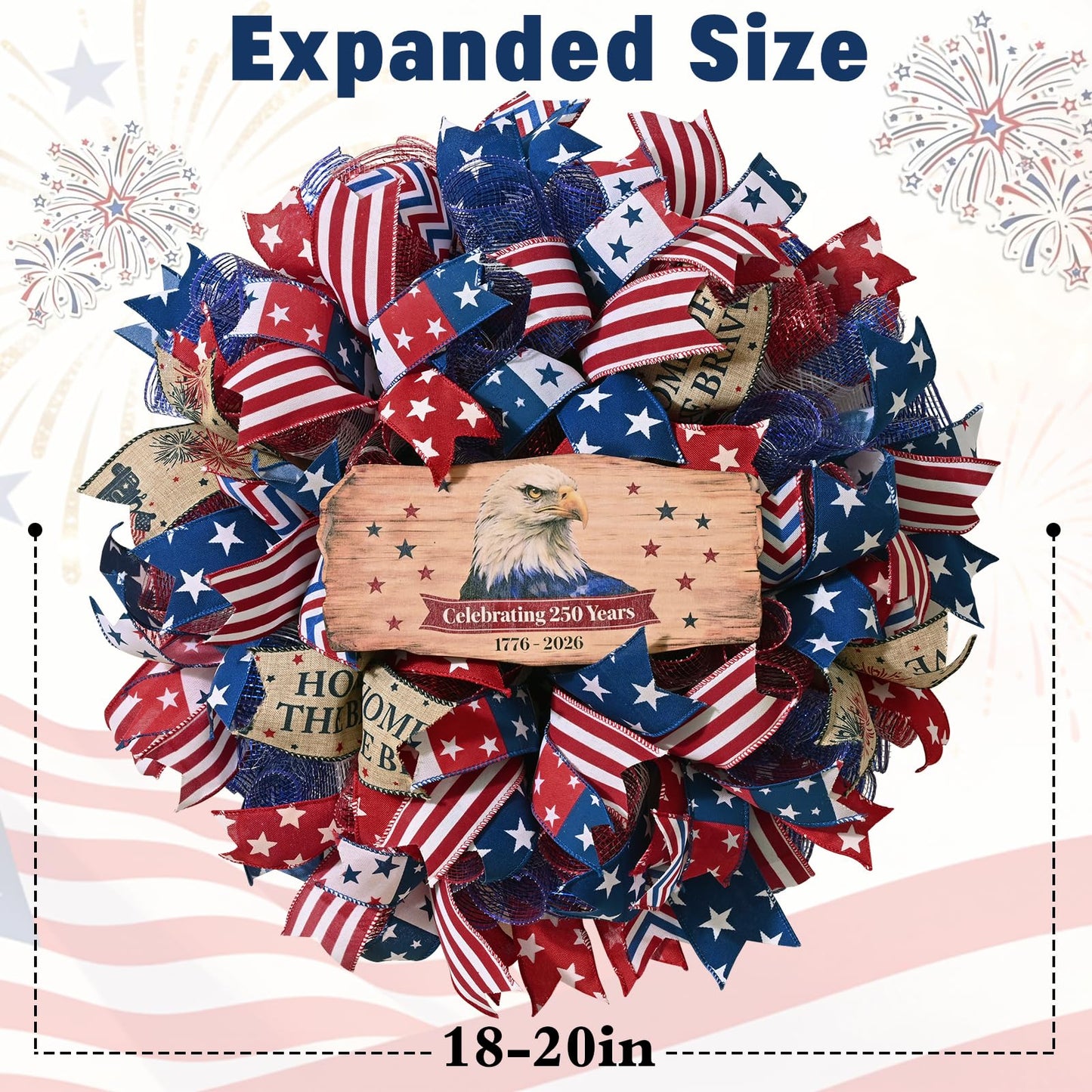 250th Anniversary Patriotic Wreath, 4th of July Wreaths for Front Door with Wooden Eagle Door Sign & Red White Blue Ribbon for Independence Day Memorial Day Patriotic Decorations(18In, 1Pcs)