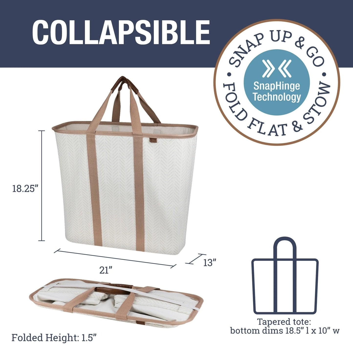 CleverMade Collapsible Laundry Caddy – Foldable Laundry Hamper & Tote, XXL 64L Pop-Up Laundry Basket with Handles, Space-Saving Laundry Organizer for Home & Travel, 2 Pack - LUXE Cream Herringbone