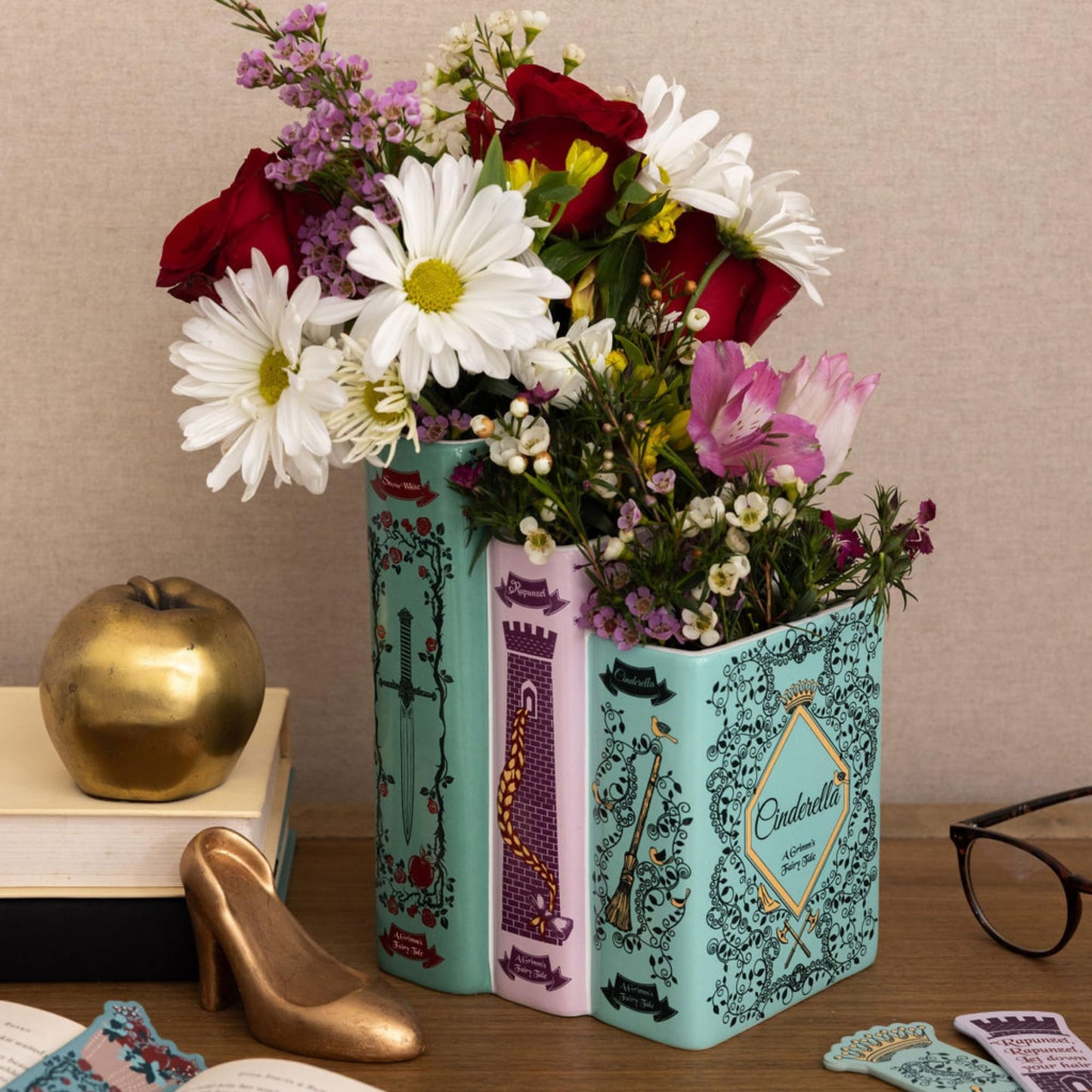 Steel Mill & Co Original Triple Book-Shaped Decorative Vase, Tiered Ceramic Bookshelf Decor, Unique Flower Holder for Book Lovers, Grimm's Fairy Tales
