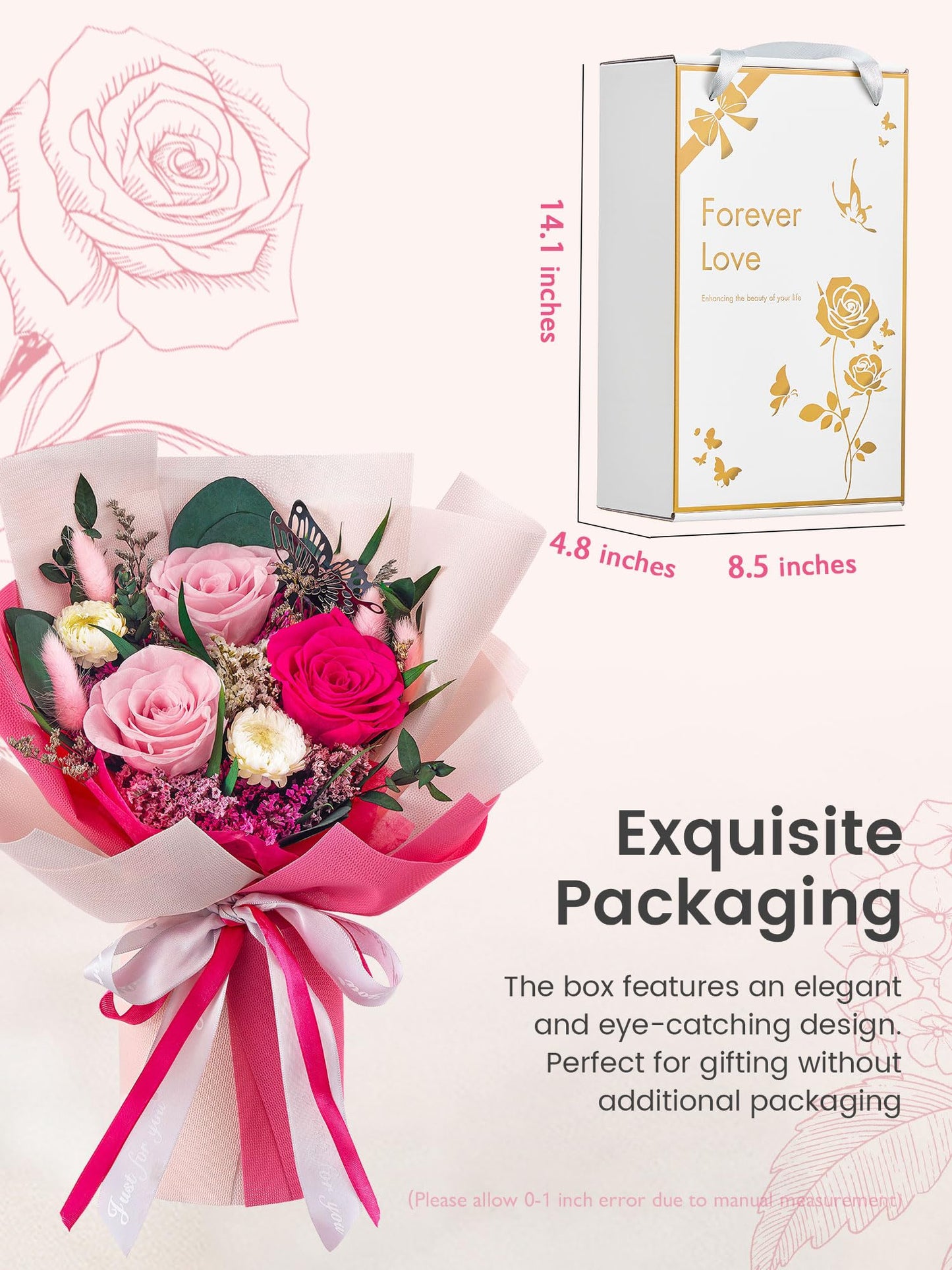 Polylove Flowers for Delivery Prime Forever Flowers Bouquet Preserved Roses Bouquet Flower Gift for Women Wife Mother Day Graduation Birthday (Hot Pink, Small)