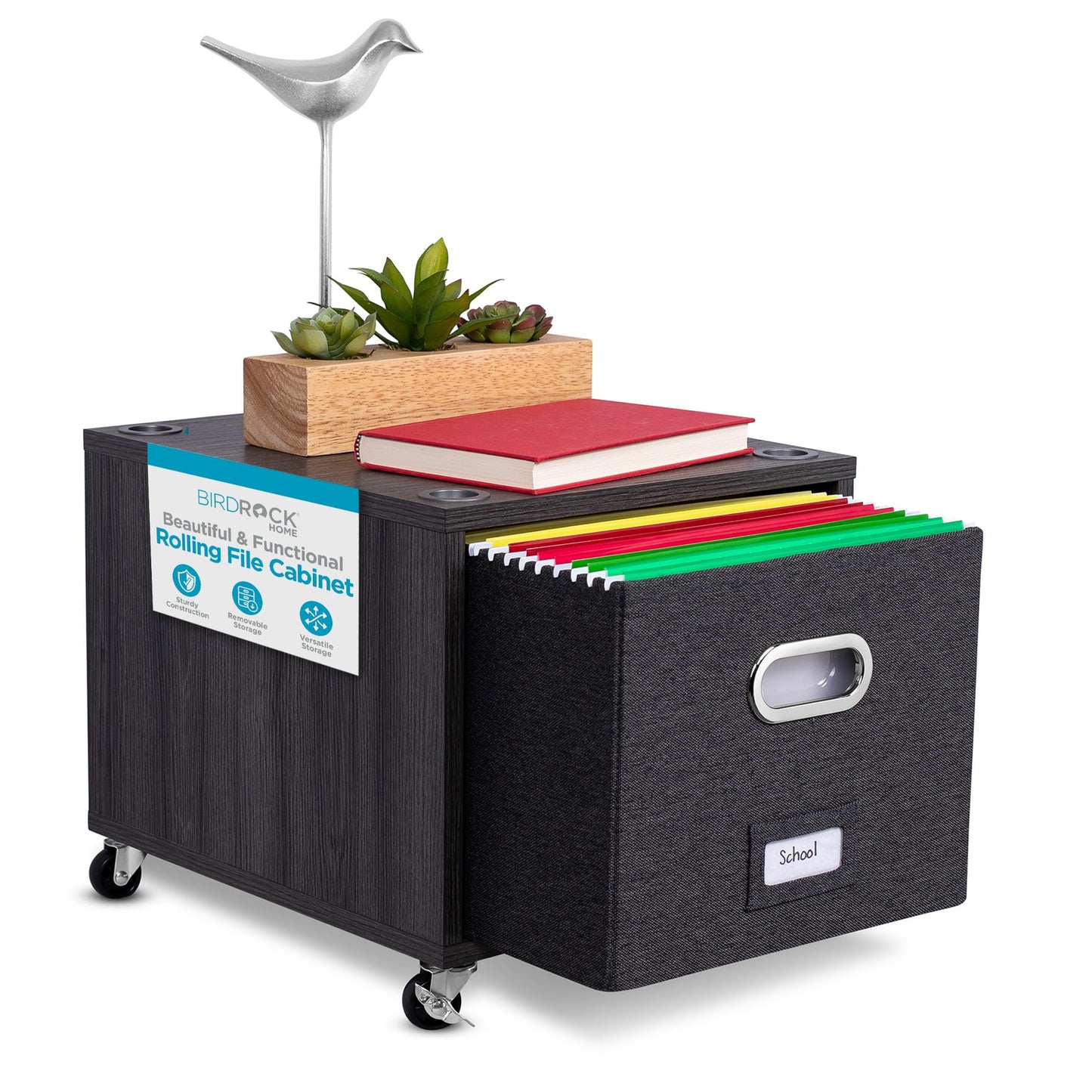 BIRDROCK HOME Rolling File Cabinet – Decorative Storage Shelf w/Removable Bins, Handles, and Wheels – Organize Files, Books, Toys, Under Desk Office Solution, Modern Design - 1 Lateral Drawer, Gray