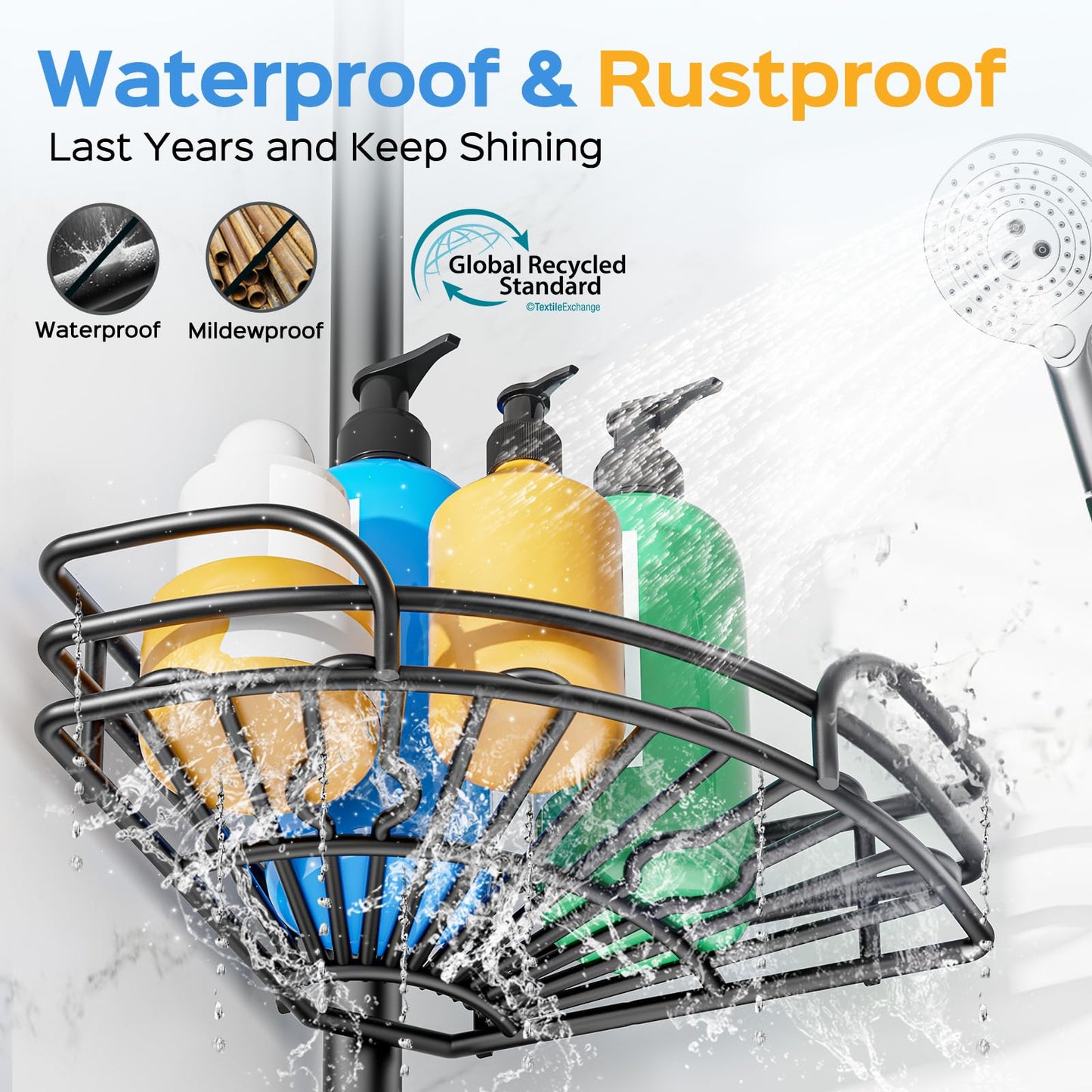 HAMITOR Corner Shower Caddy Tension Pole: 4-Tier Large Capacity Bathroom Organizer Shelf with Towel Bar - Rustproof No-Drill Adjustable 47-123 inch Storage for Renters, Home Bathtub Stand Rack, Black
