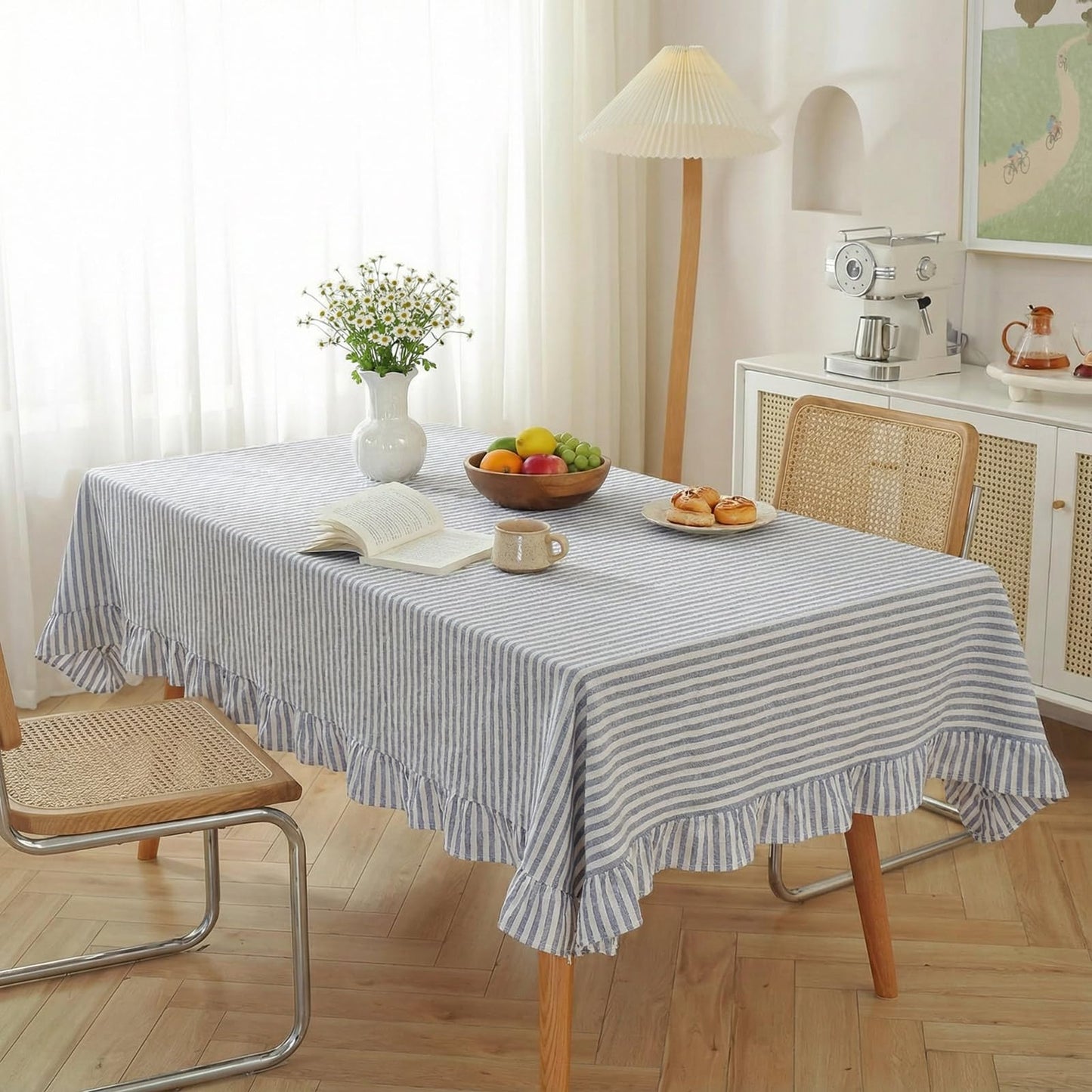 Boao Cotton 52 x 70 Inch Farmhouse Ruffle Tablecloth Blue White Striped Flounces Trim Table Cover for Rectangle Table Kitchen Party Wedding Decor
