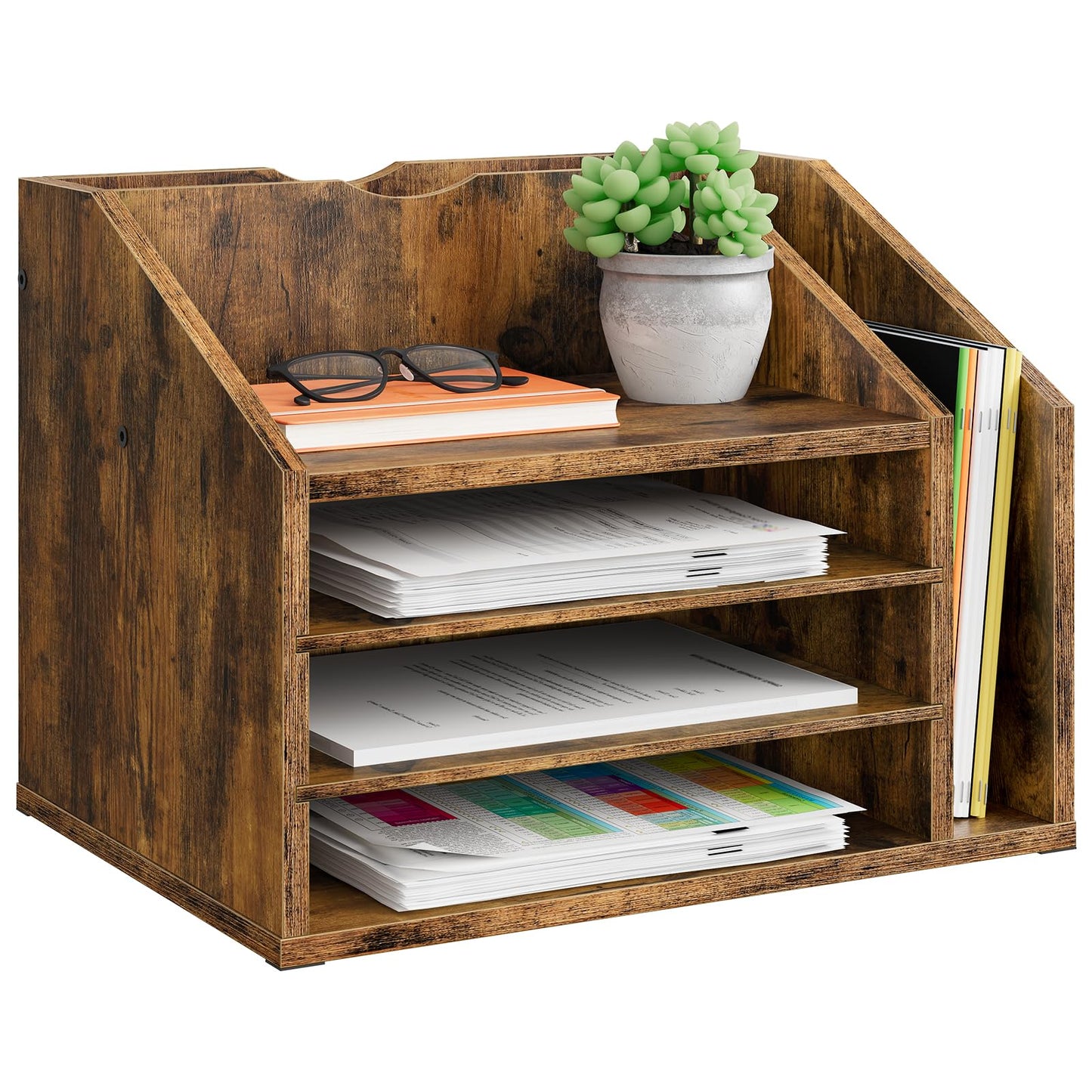 CHOEZON Wooden Desk Organizer with Adjustable Partitions, Multi-Layer Desktop File Holder for Home Office, Paper & Stationery Storage Organizer, Rustic Brown MWJ04FG