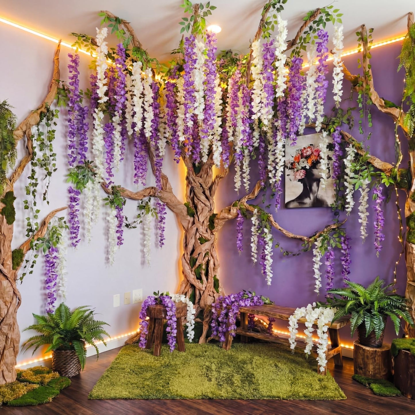 XunYee 40 Pcs 3D Wisteria Tree Wall Decor for Room Classroom Ceiling Artificial Wisteria Hanging Flower DIY Cardboard Paper Tree with Vine Kraft Paper Fairy Bulletin Board Decoration(White, Purple)