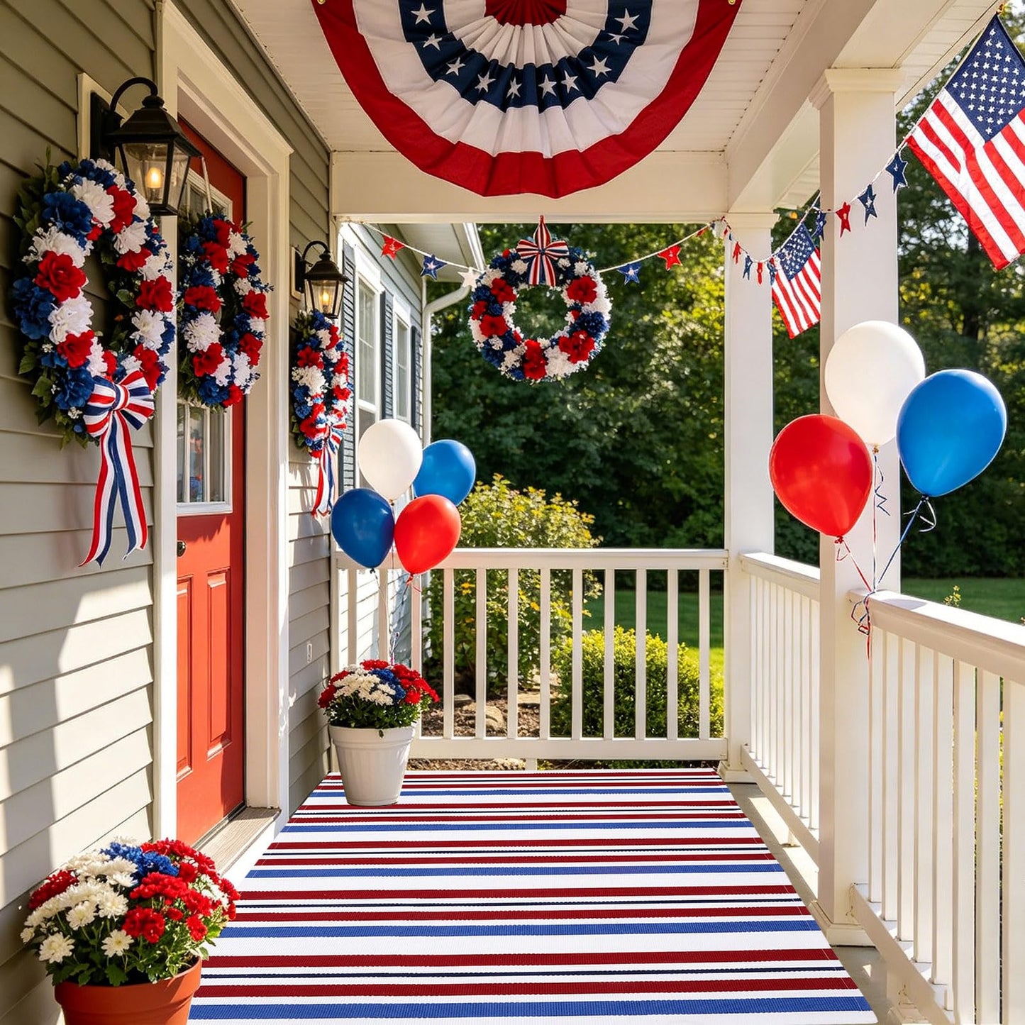 Bottalive USA 250th Anniversary Patriotic Doormat, 4' x 6' Red White and Blue Striped Outdoor Rug, Washable Farmhouse Front Porch Welcome Mat for Memorial Day, 4th of July, and Independence Day Decor