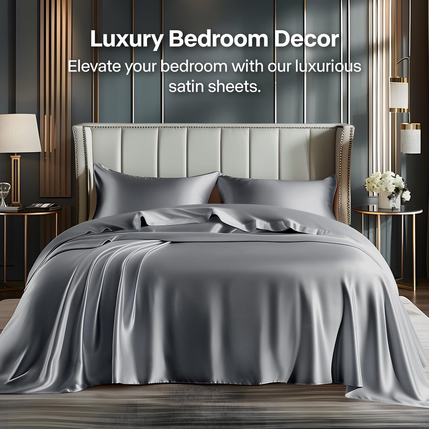 BEDELITE King Size Sheets Set, Luxury Soft Dark Grey Satin Sheets for Hair and Skin, Similar to Silk Bed Sheets Set 4 Pieces with 1 Deep Pocket Fitted Sheet, 1 Flat Sheet, and 2 Pillowcases