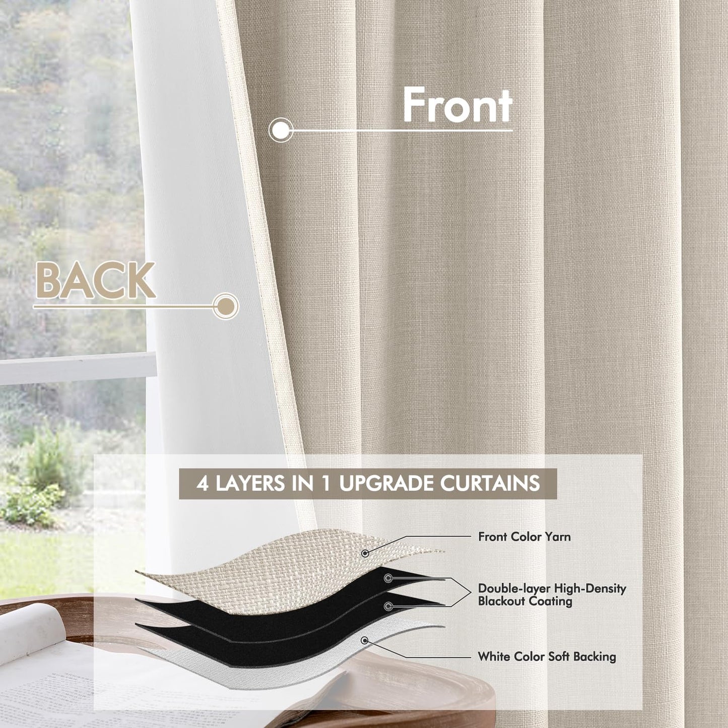 MIULEE 100% Blackout Curtains 96 Inch Long 2 Panels Set for Bedroom, Cream Thick Faux Linen Black Out Curtain Room Darkening Pleated Floor to Ceiling Window Drapes with Hooks for Living Room, Birch