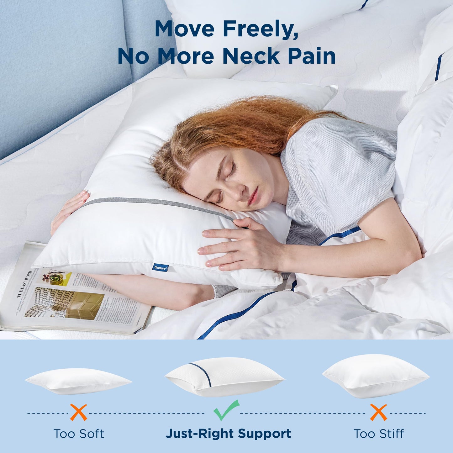 Bedsure Queen Pillows Set of 2, Luxury Hotel Firm Pillows for Sleeping, Decoration Strip Diamond Design Cover, Fluffy Original Down Alternative Filling for Side, Back or Stomach Sleepers
