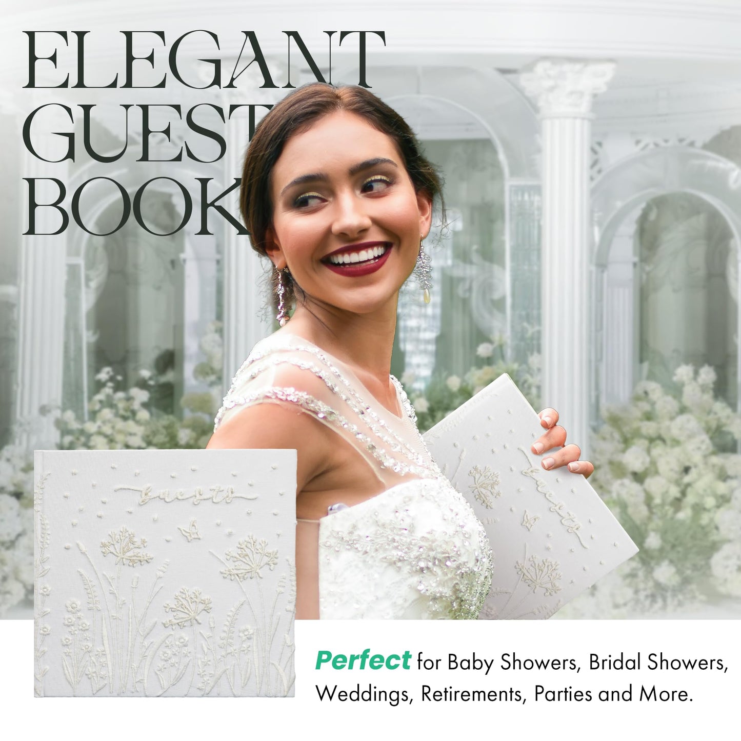 Gatyko Embroidered Wedding Guest Book—The Perfect Polaroid Guest Book for Wedding Receptions， Birthdays, Baby Showers, and Special Events with 3 Photo Corner Stickers+ 3 DIY pens+1 Diamond Pen(Cream)