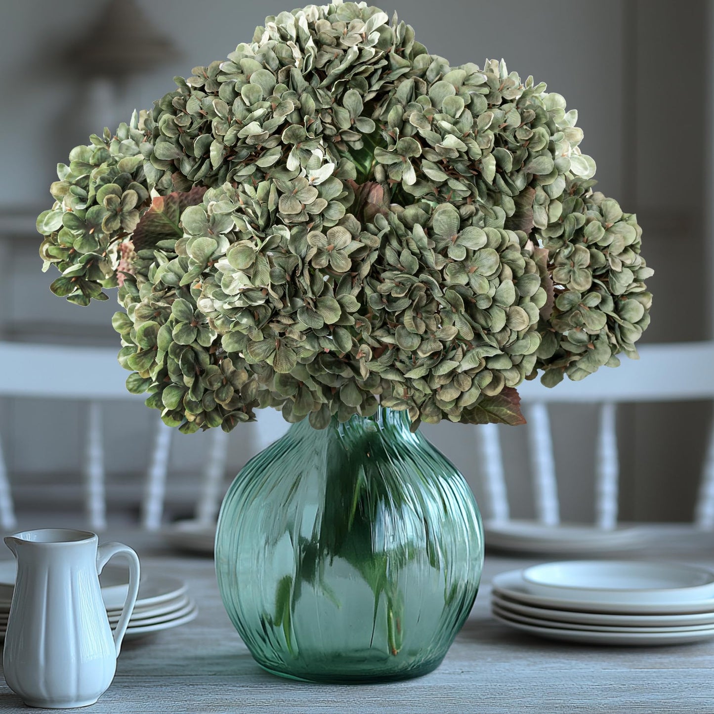 Uqueeten Hydrangea Artificial Flowers,Green Artificial Flower Fake Silk Hydrangea, Heads Bouquet with Stems Bulk for Fall Decoration Table Center Indoor Outdoor Faux Floral Plants 8pcs (Green)