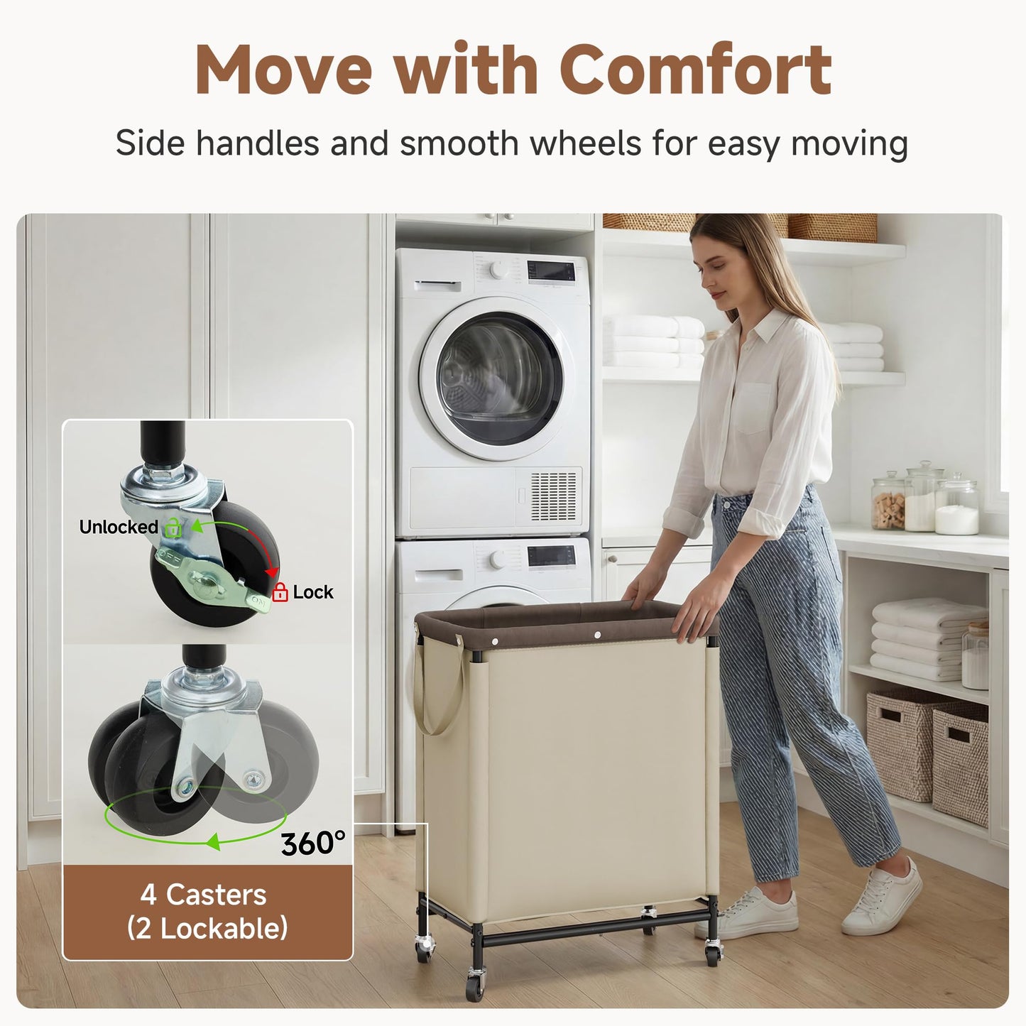 StorageWorks Laundry Hamper 2 Section, 100L Rolling Laundry Sorter Cart with Removable and Washable Liner Bag, Clothes Hamper with Wheels and Handle for Laundry Room and Bedroom, Light Khaki