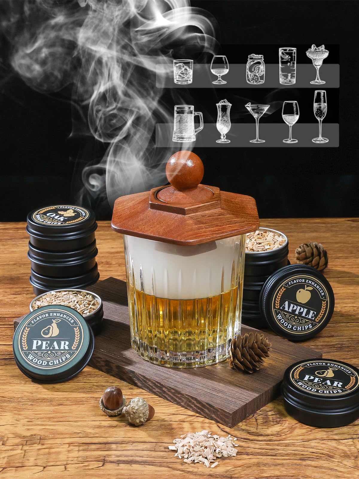 27Pcs Whiskey Smoker Kit- 16 Wood Chips,Ice Ball Molds, Cocktail Smoker Infuser Kit, Old Fashioned Drink Smoker Kit, Birthday Bourbon Whiskey Gifts for Husband,Men,Dad(No Butane)