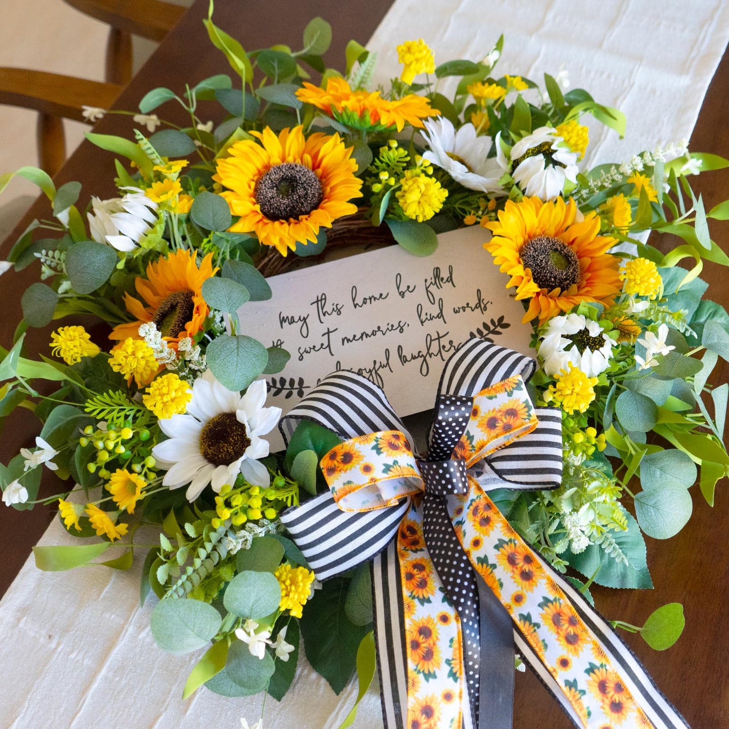 CHvista Spring Wreaths for Front Door 24 Inch Handmade Spring Summer Wreath with Artificial Sunflowers,Welcome Message Sign & Elegant Bow and White Yellow Daisy Wildflowers for Home,Porch&Gift Giving