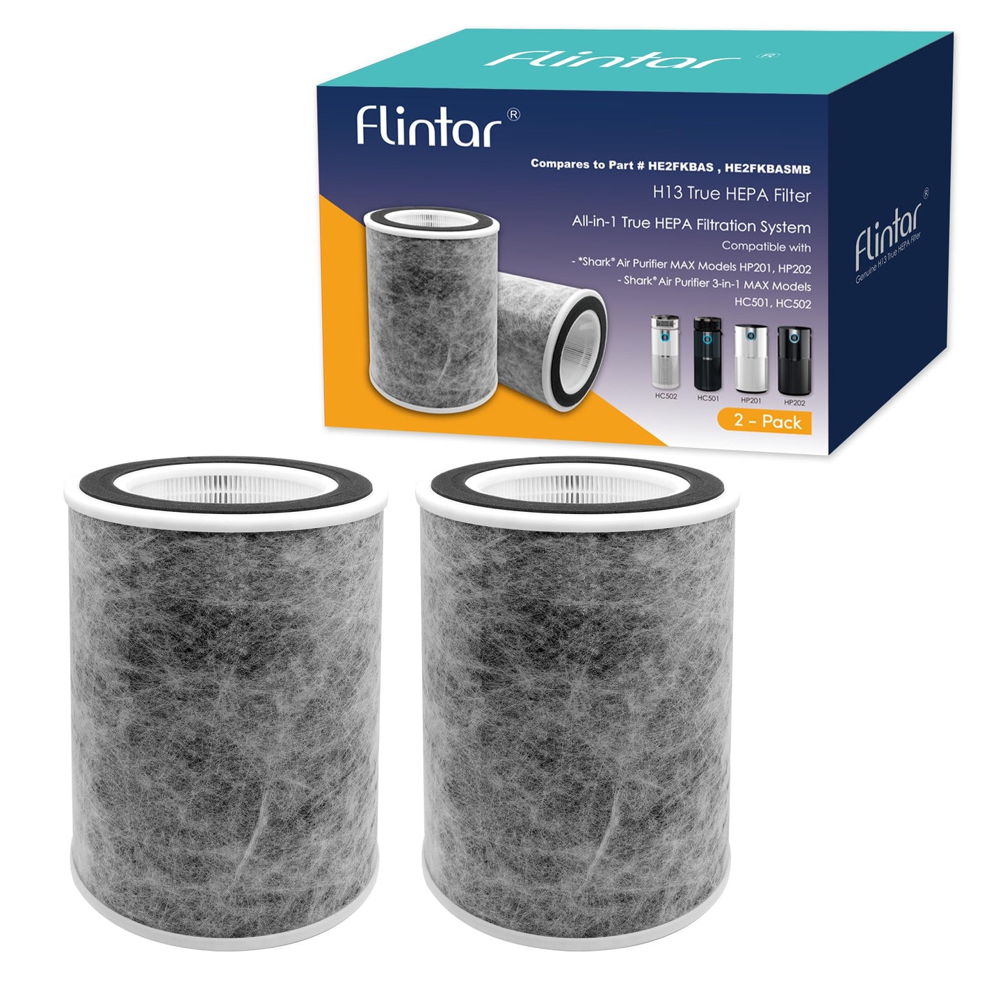 Flintar HP202 Replacement Filter, Compatible with Shark Air Purifier Max Model HP201, HP202, UA205, AP1000, HC501, HC502, Compares to Part # HE2FKBAS and HE2FKBASMB, 2-Pack