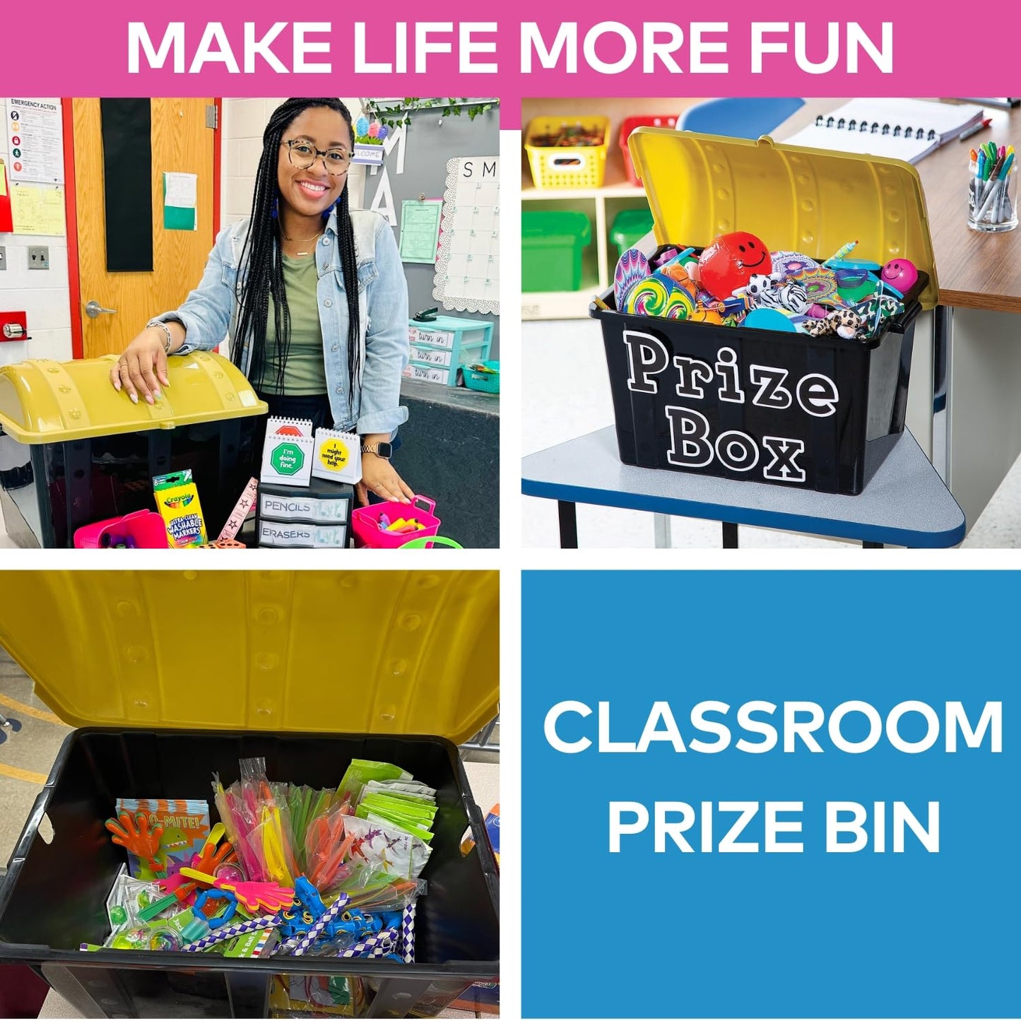 Fun Express Large Plastic Toy Treasure Chest - Premium Classroom Storage Prize Box for Teachers | Pirate-Themed Reward Container with Secure Lid | Black & Gold Design | 19" x 11.5" x 11" Capacity
