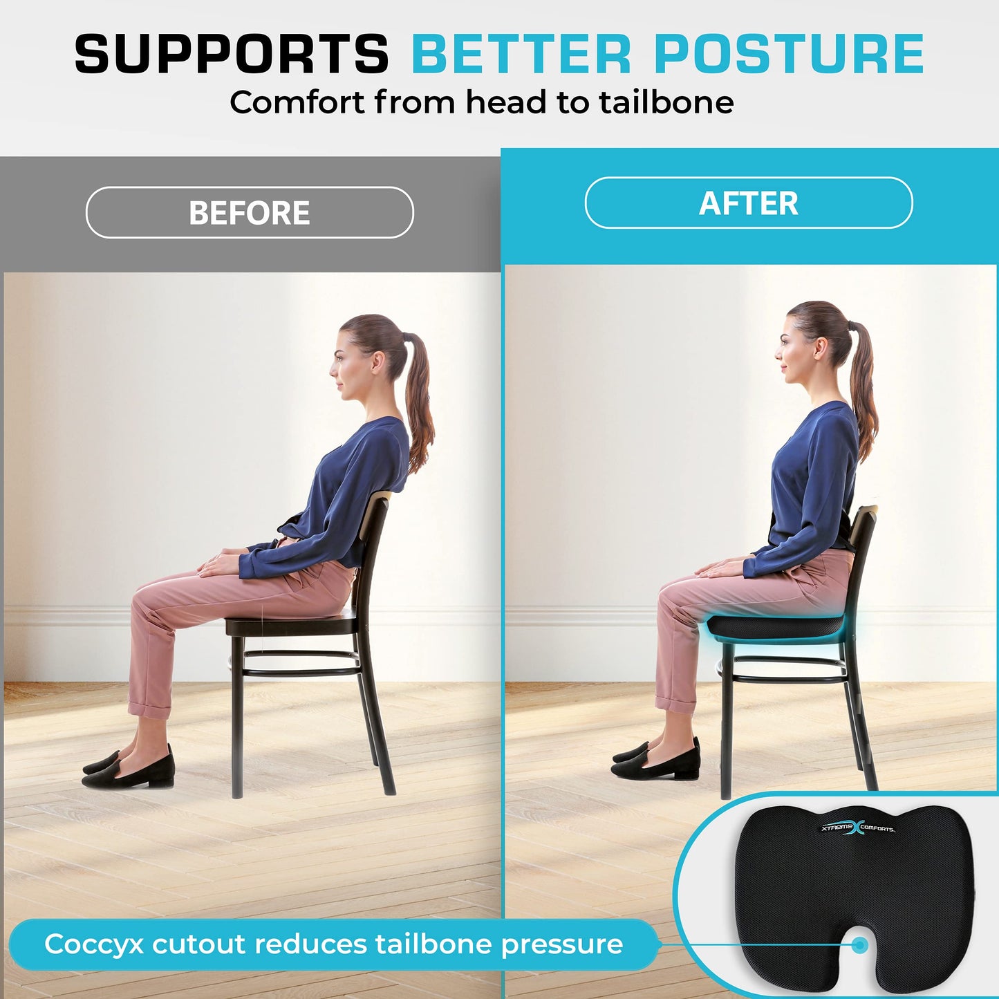 Xtreme Comforts Seat Cushion, Tailbone Relaxer - Coccyx Cushion for Tailbone Pain Desk, Wheelchair & Car Use - Back Support Pillow for Chair