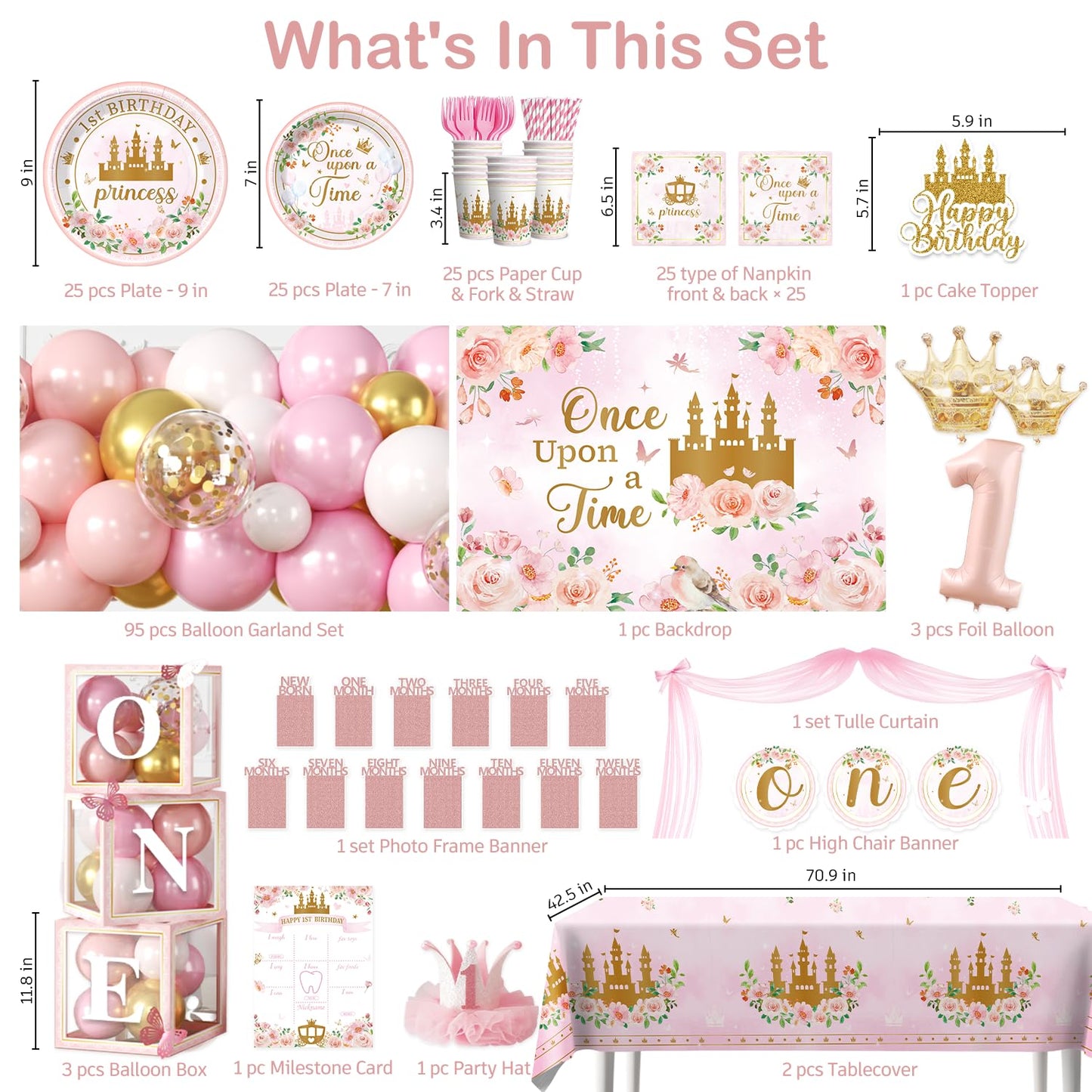 Fexivo 258 PCS Princess First Birthday Decorations, Once Upon A Time Birthday Party Pack Serves 25, with Balloon, Banner, Backdrop, Plates and Napkins, for Girl's First Birthday