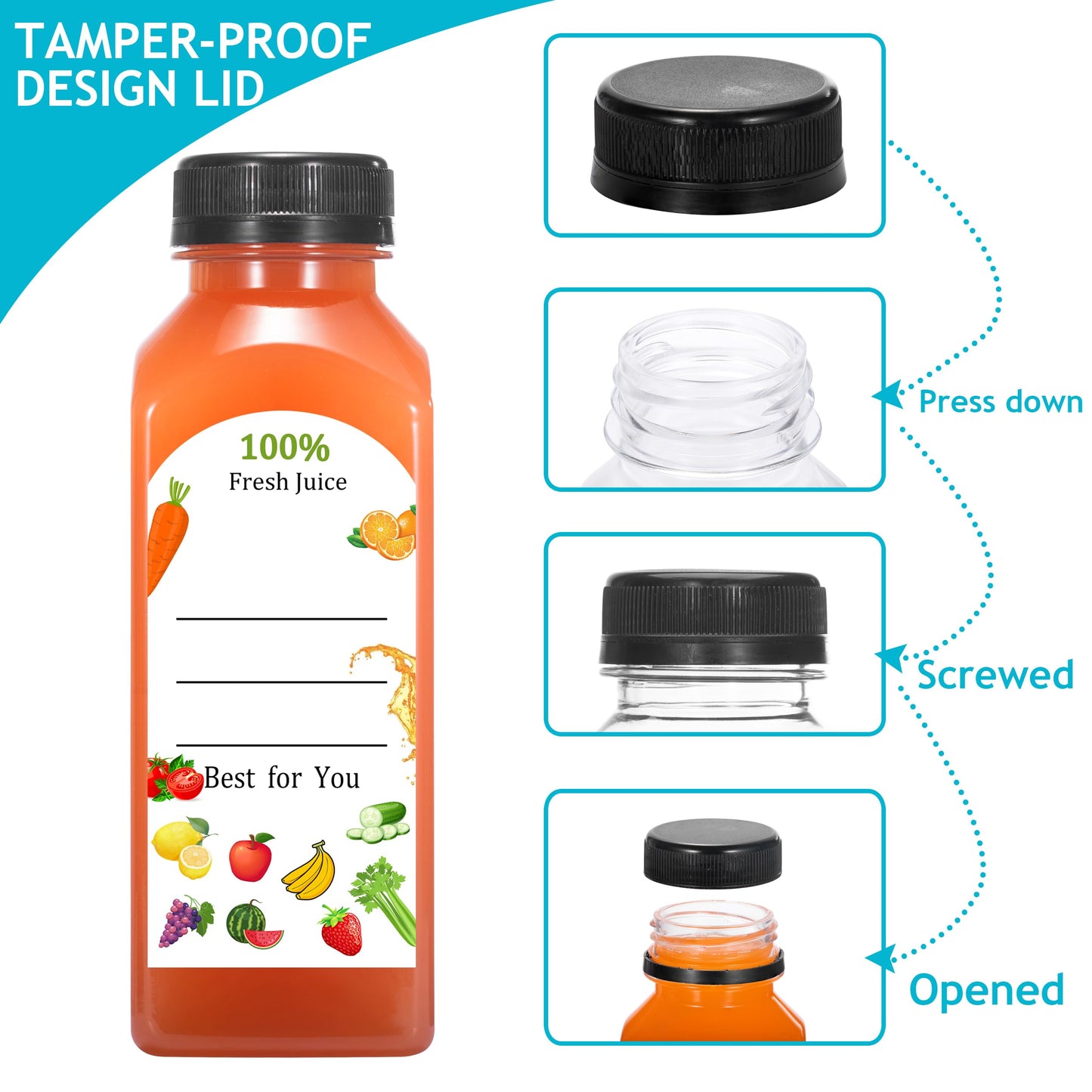 HEWASME 30Pcs 12 Oz Plastic Juice Bottles with Caps,Clear Reusable Water Bottle & Tamper Proof Lids,Juice Containers,Juicing Bottles for Fruit Juice,Smoothies,Coffee - Food Grade & Travel Bottle