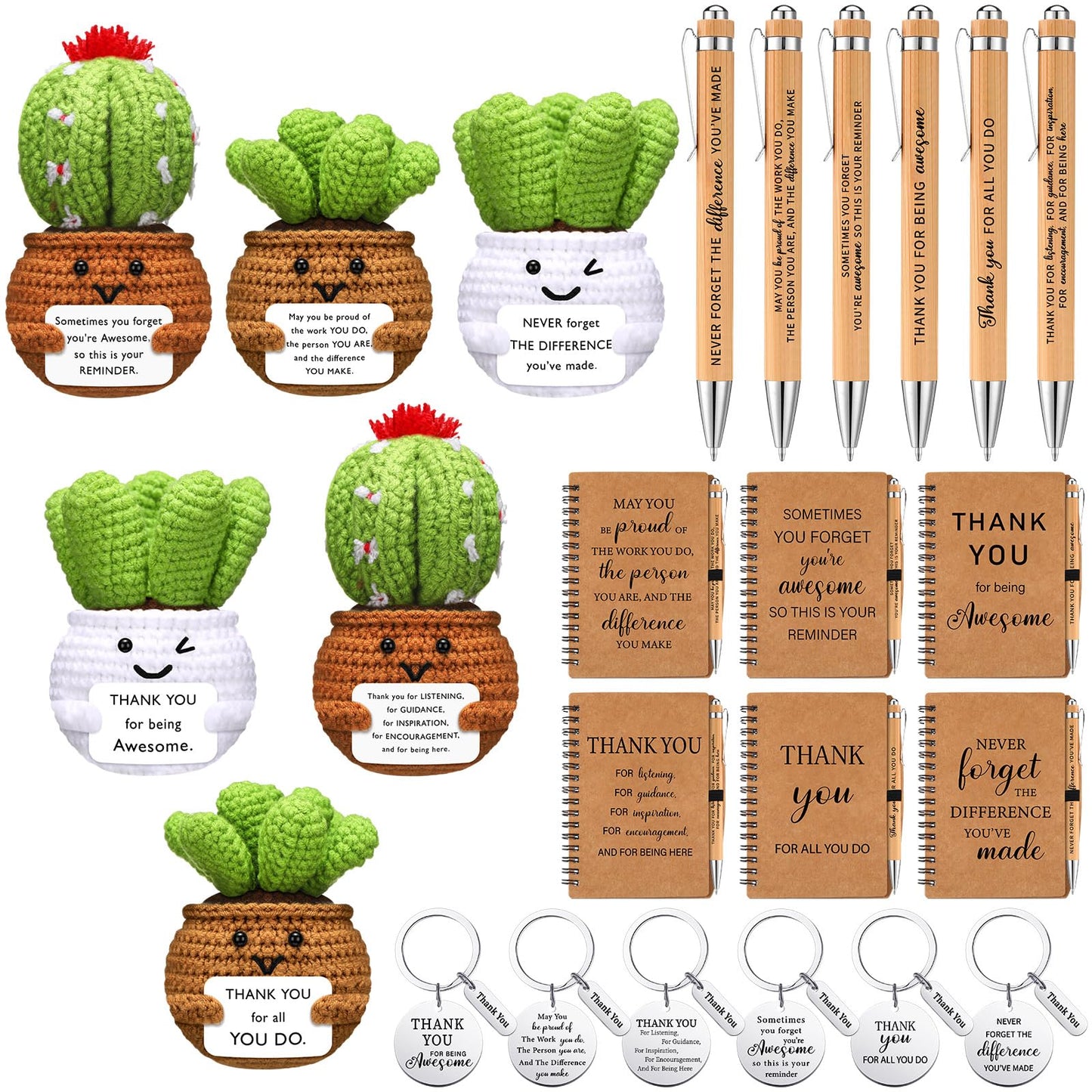 Wavwavw 6 Set Employee Appreciation Gifts Bulk, Gifts for Coworkers, Doll Crochet with Card Inspirational Journals with Retractable Bamboo Pens Thank You Keychains for Staff