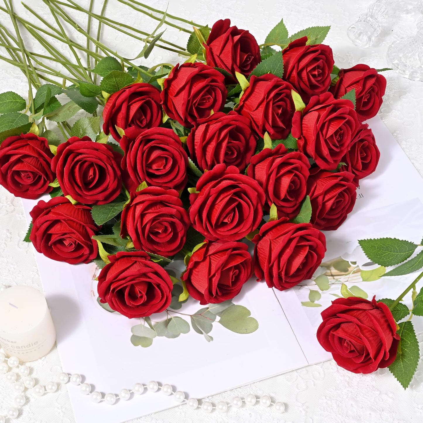 Waipfaru Red Roses Artificial Flowers Bulk, Real Touch Velvet Roses with Wrapping Paper, 50 Pcs Fake Flowers for Wedding Centerpieces Bridal Bouquet Valentines Mothers Day Graduation Decor