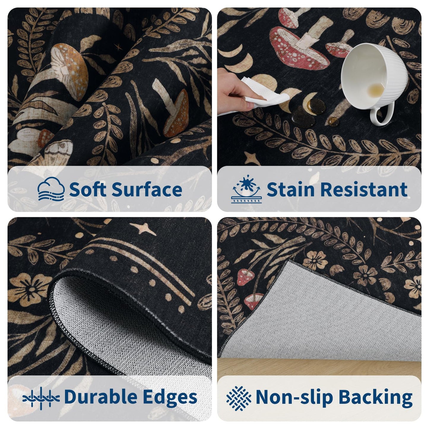 Garvee Mushroom 5x7 Area Rugs for Living Room, Dark Academia Gothic Rug, Non Slip Animal Print Washable Rugs 5x7 Low Pile Bedroom Decor Bug Carpet with Rubber for Playroom Dining Room Office, Black