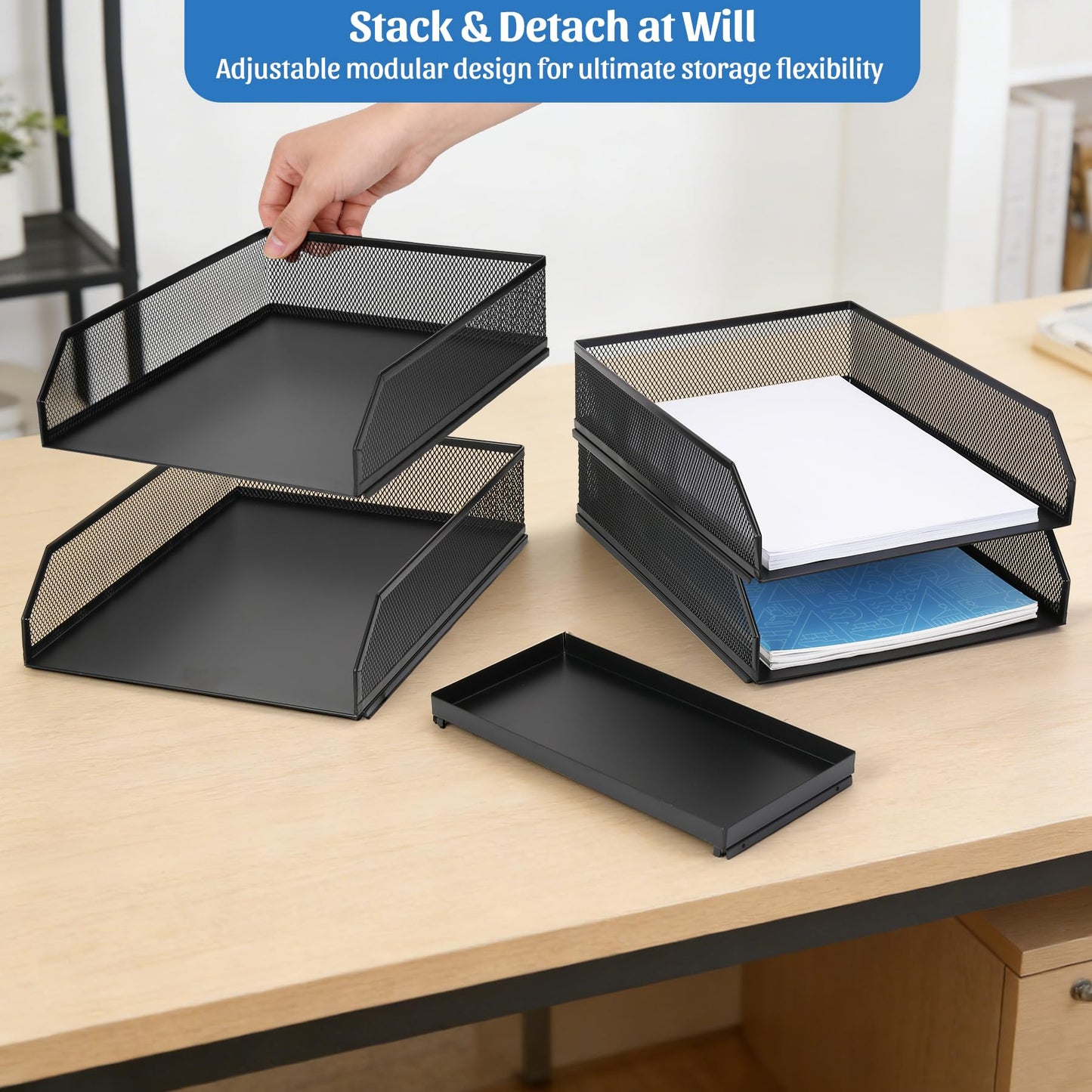 AZFUNN 4 Tier Paper Organizer for Desk, Stackable File Trays, Front-Load Metal Mesh Letter Tray & Stacking Supports Storage Organization for Office Home Classroom (Black)