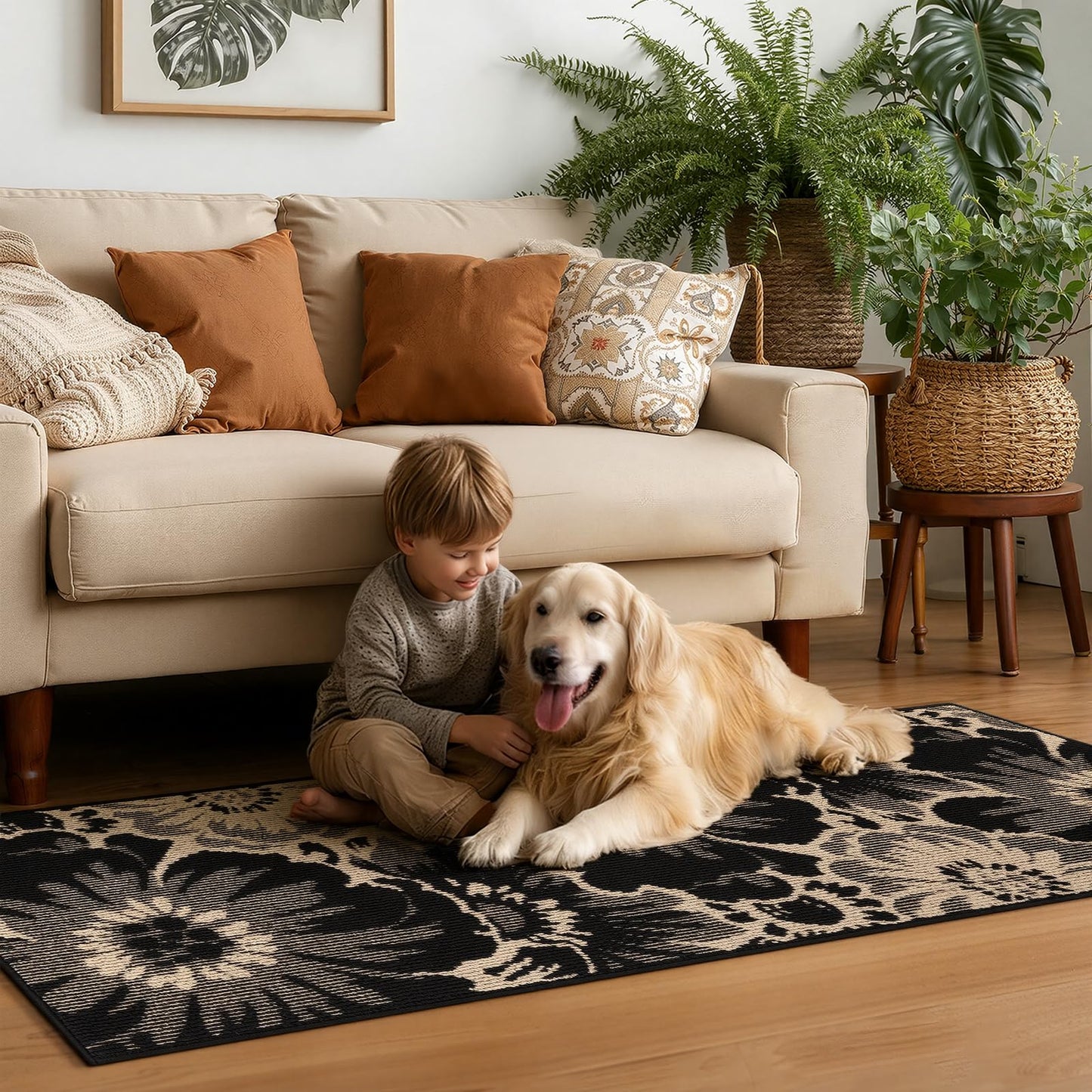 Findosom Hallway Runner Rug 2x10, Non Slip High-Low Textured Floral Washable Runner Rug with Rubber Backing, Boho Carpet Runner for Kitchen, Entryway, Bedroom, Laundry, Black & Beige