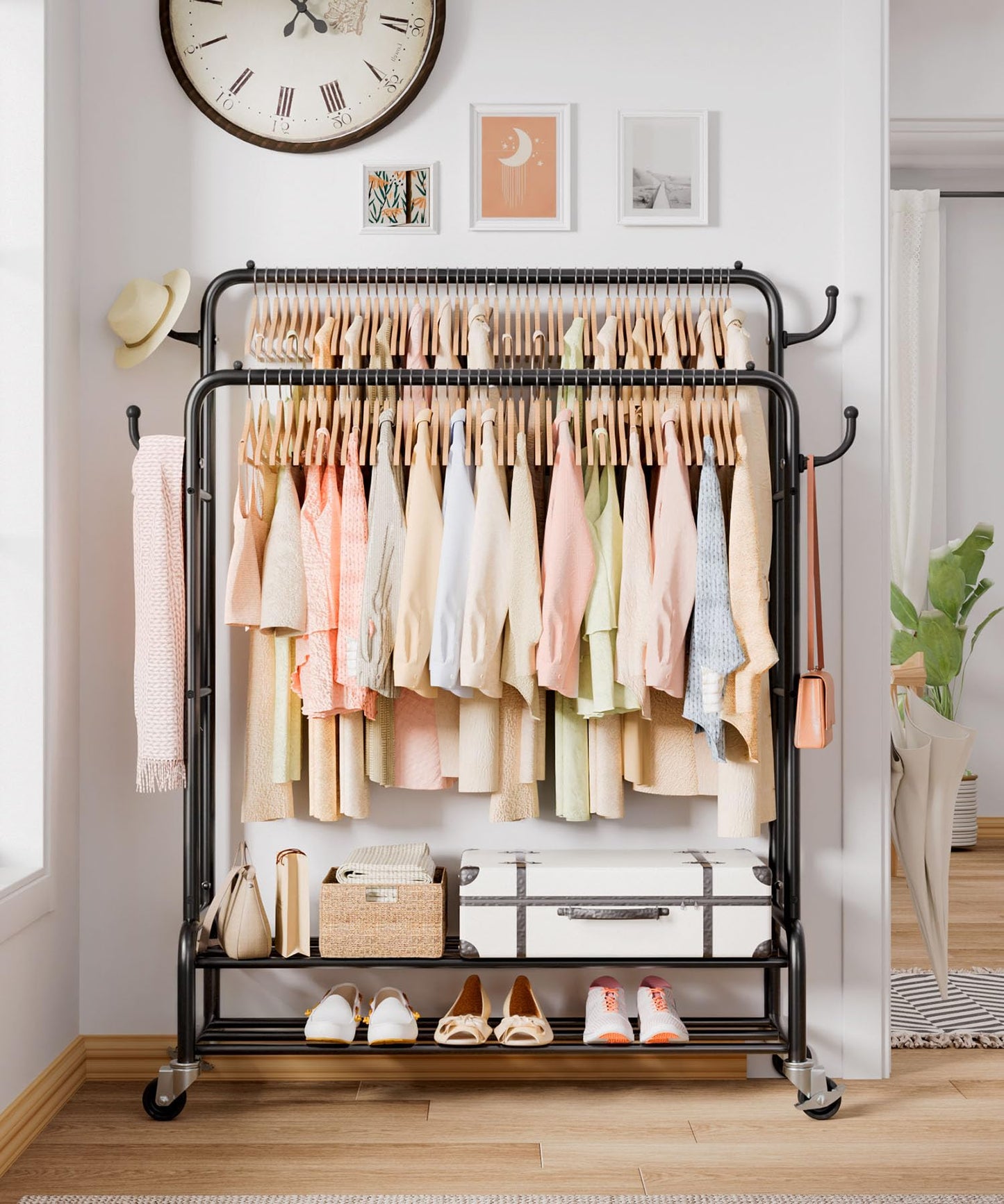 Homde Heavy Duty Clothes Rack: 265lb Rolling Double Rod Garment Hanging - Metal Coat Organizer Storage Display Shelf on Wheels for Bedroom Laundry
