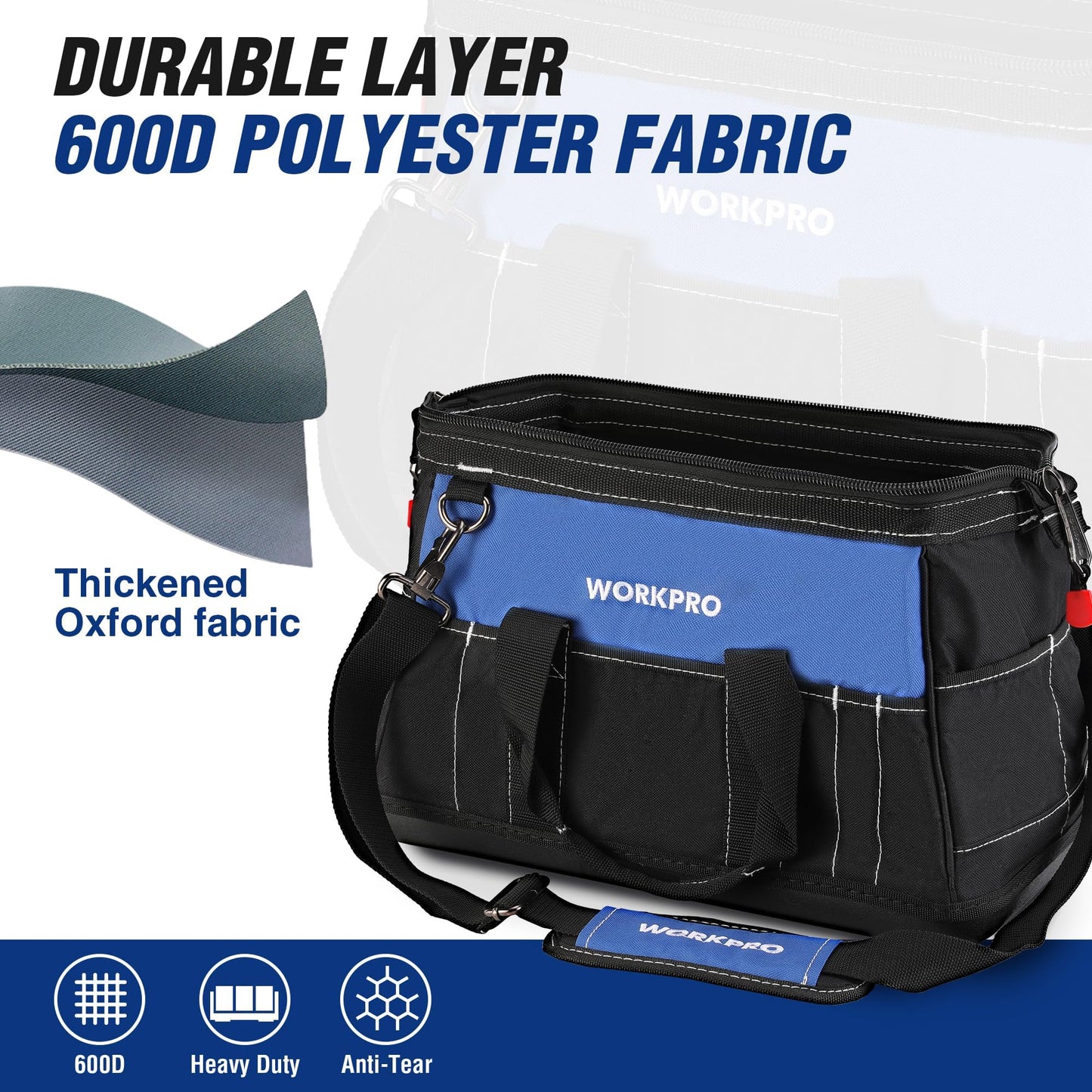 WORKPRO 16-inch Wide Mouth Tool Bag with Water Proof Molded Base