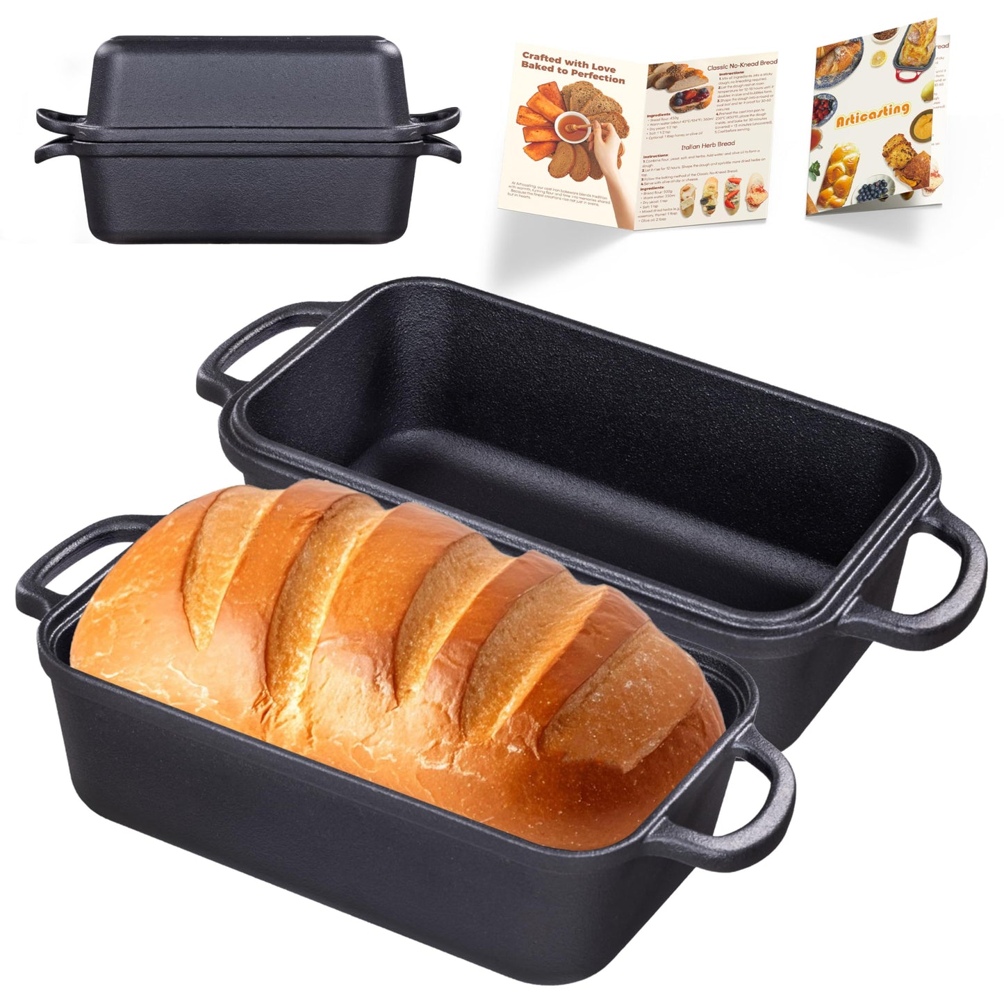 Articasting Cast Iron Loaf Pan with Lid 9×5 Inch, Bread Baking Pans, Even Heat Distribution for Sourdough, Pre-Seasoned Dutch Oven Loaf Pan for Homemade Bread