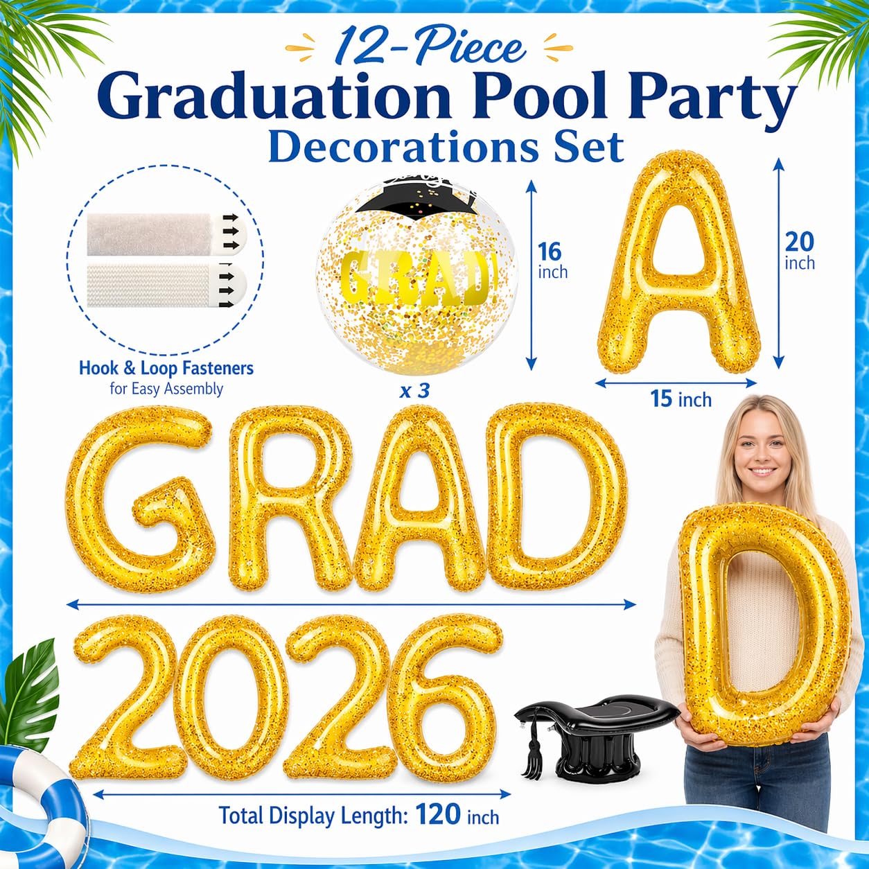 Graduation Inflatable Pool Party Decorations - 12Pcs Grad 2026 Letters 20 x 15 in Gold Pool Float & Graduation Beach Balls Congrats Sign & Grad Cap Inflatable for Class of 2026 Glitter Party Supplies