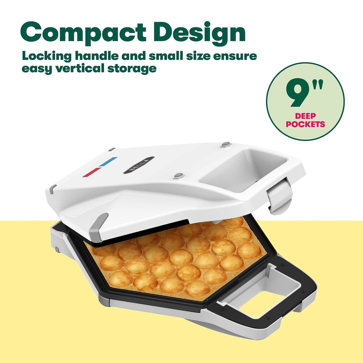 bella Bubble Waffle Maker for Hong Kong Style Breakfast Dessert 9" Waffles, Keto Chaffles Iron with Non-stick PFOA Free Iron Plates for Easy Cleaning and Food Release, Cone Rack Included, White