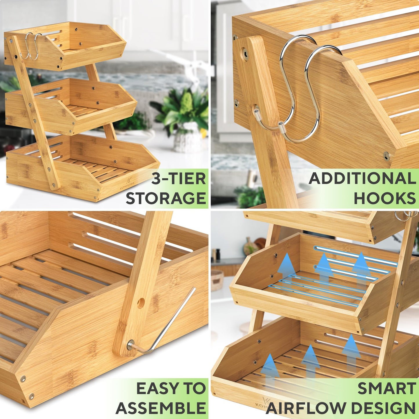 KOMFORA Bamboo Fruit Basket 3-Tier - Premium Produce Basket for Kitchen w/ 2 Hangers - Durable & Easy to Assemble Stand for Countertop - Perfect Holder for Vegetables, Bread, Snacks & More