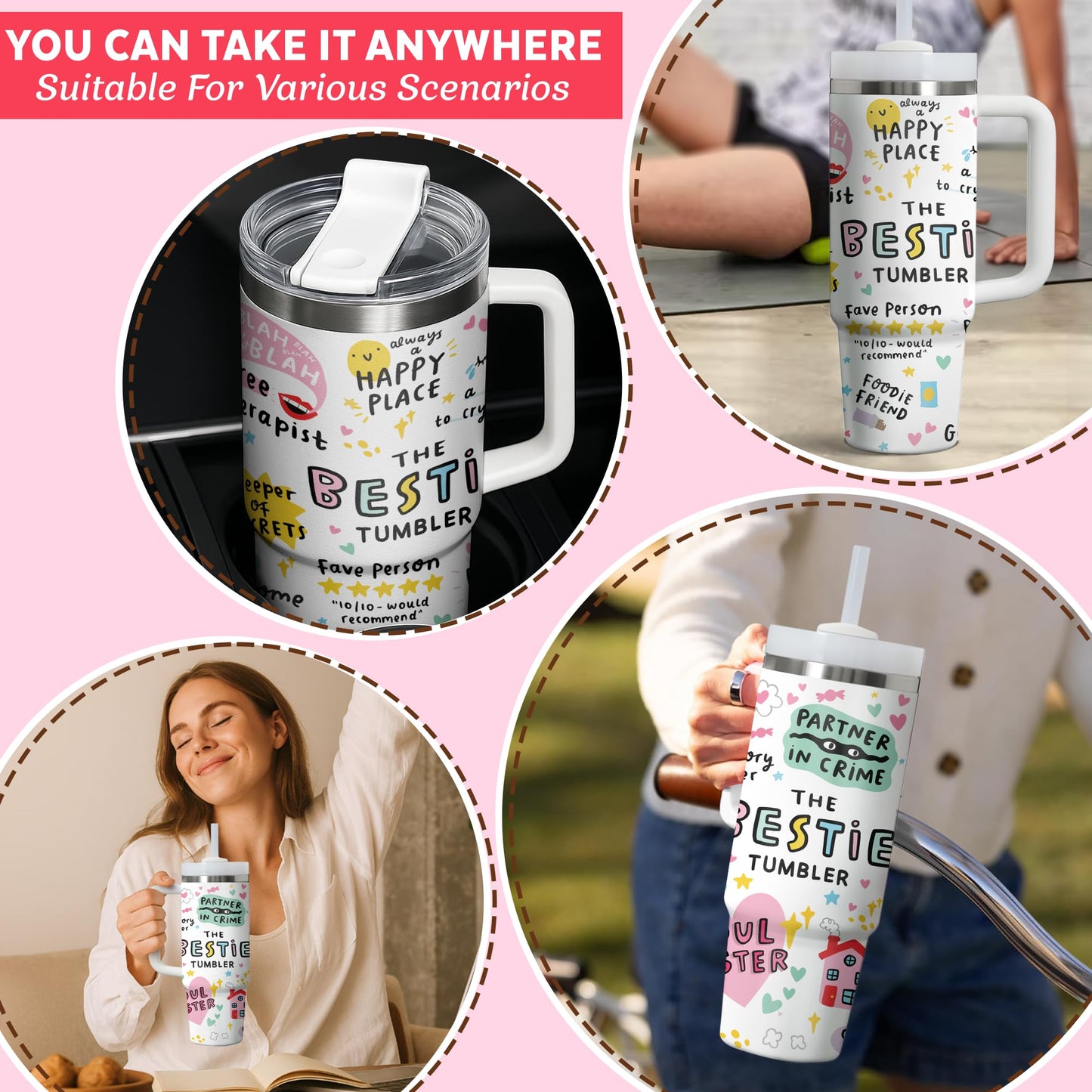 Gossby Bestie Gift for Women - 30oz THE BESTIE TUMBLER - Friend Tumbler for Women - Christmas, Birthday, Friendship Gifts - Funny Best Friend Gift - Stainless Steel Insulated Travel Mug with Handle