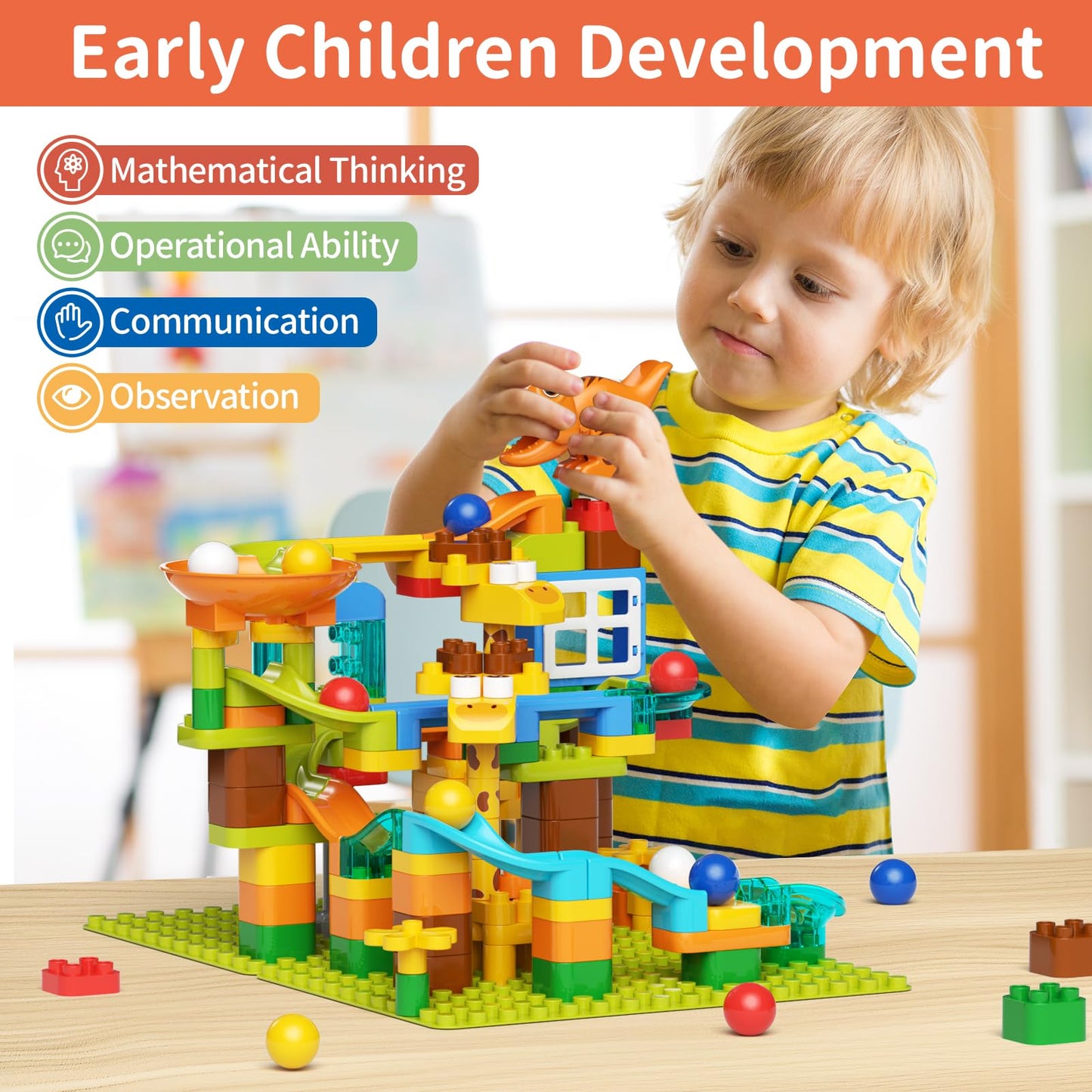 Marble Run for Kids Ages 4-8 145 PCS Dinosaur Giraffe Building Blocks with 10 Marbles Slide Dino Smooth Edges Design Works with Large Brick Toys STEM Track Toys Creative Gift for Boys Girls