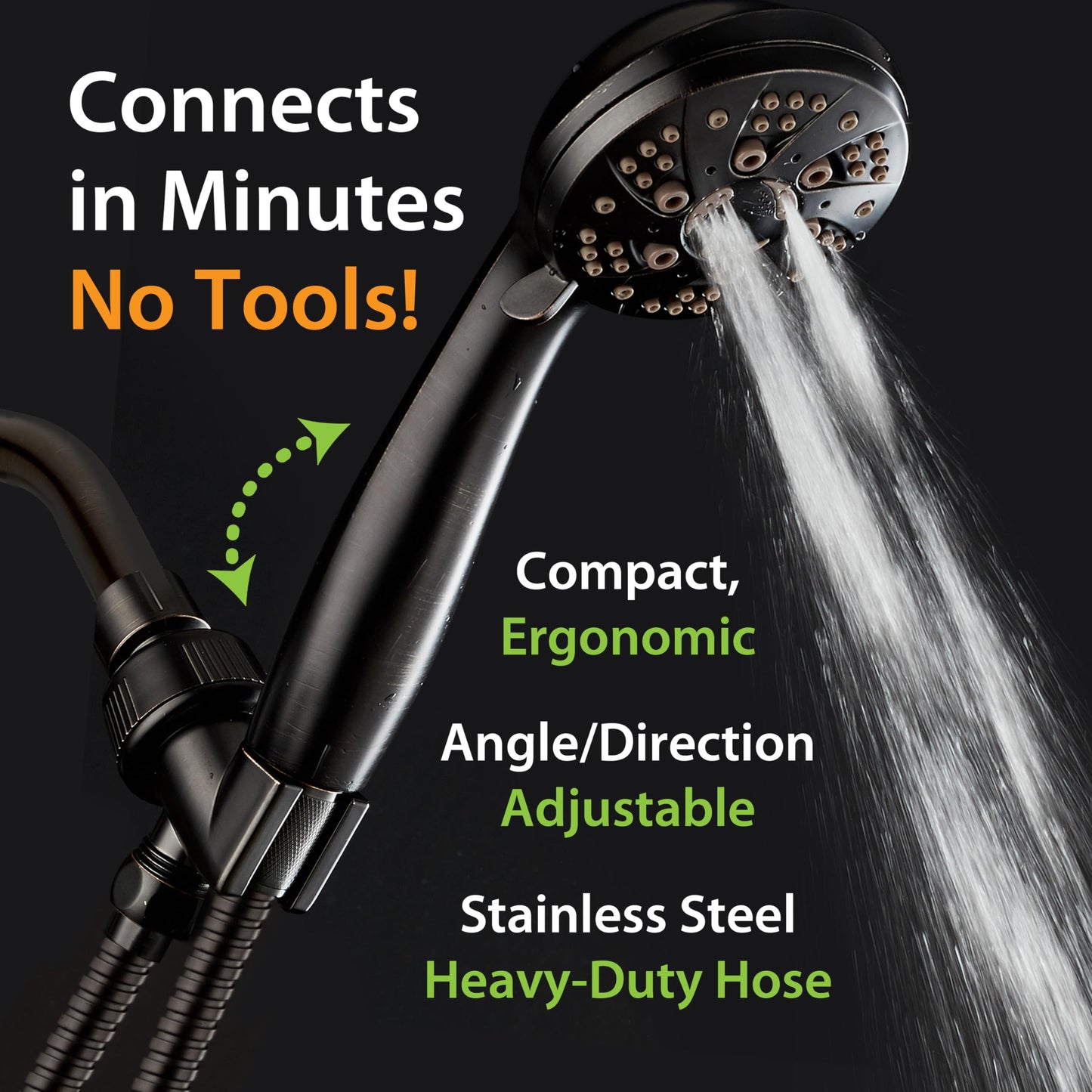 AquaDance High Pressure 6-Setting Oil Rubbed Bronze Handheld Shower Head with Stainless Steel Hose. Officially Independently Tested to Meet Strict US Quality & Performance Standards!