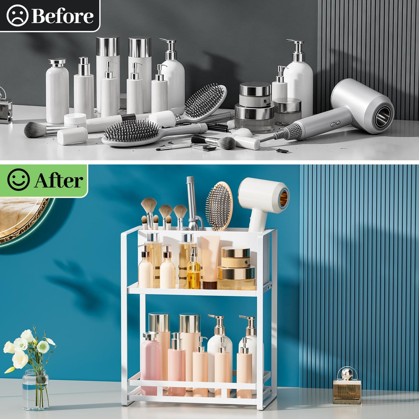 SanDream Hair Tool Organizer Bathroom Countertop, 2-Tier Metal Bathroom Organizer with Blow Dryer Holder, Large Capacity Space-Saving Vanity Shelf for Perfume, Skincare & Makeup Storage (White)